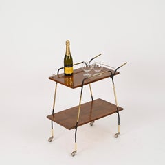 Italian Walnut, Brass and Black Enameled Metal Bar Cart, Ico Parisi, Italy 1950s