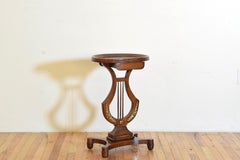 Italian Walnut & Brass Neoclassical Period Lyre Shaped 1-Drawer Table, 19th Cen.