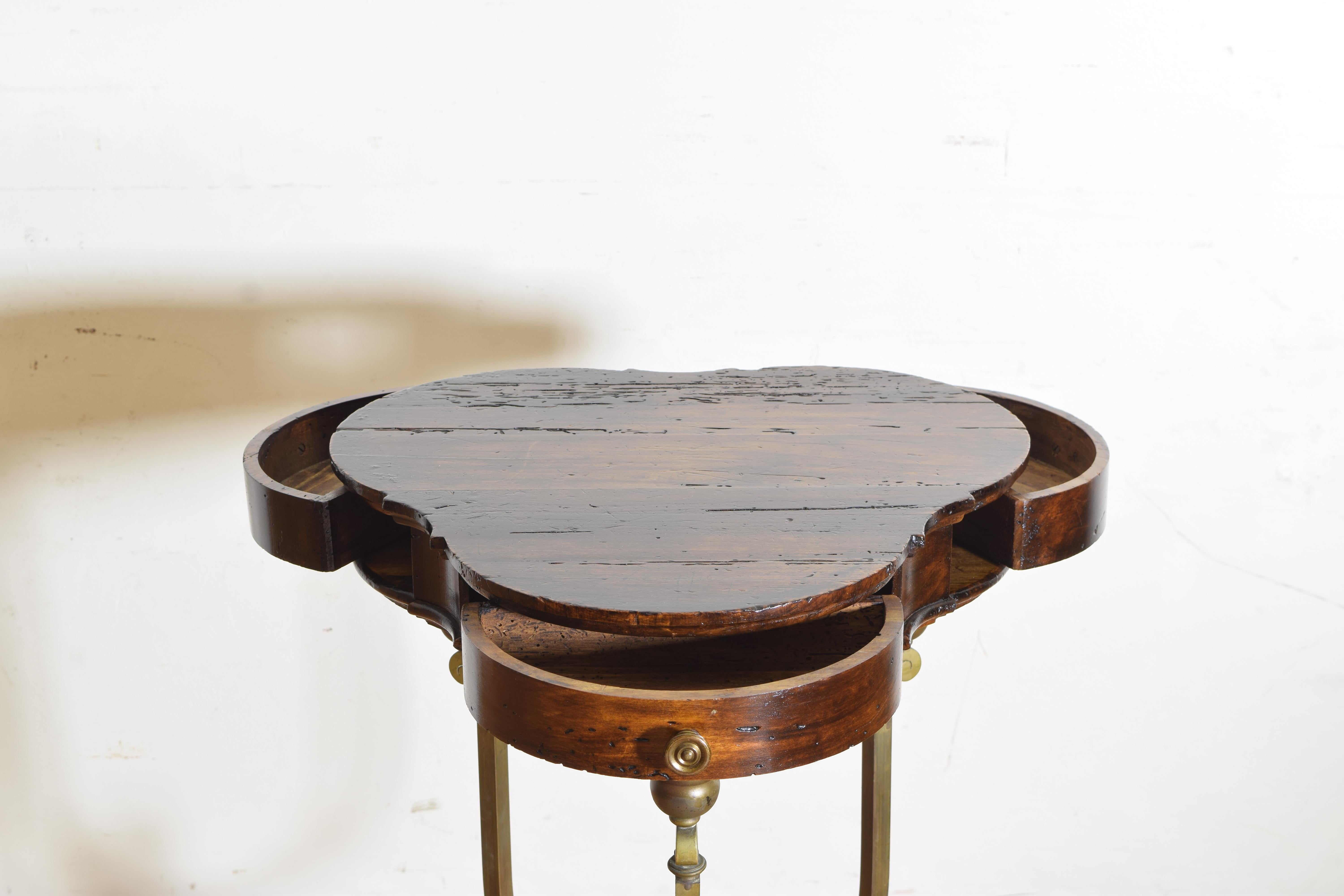Italian Walnut and Brass Trefoil Shaped 3-Drawer Table, Early 20th Century 1