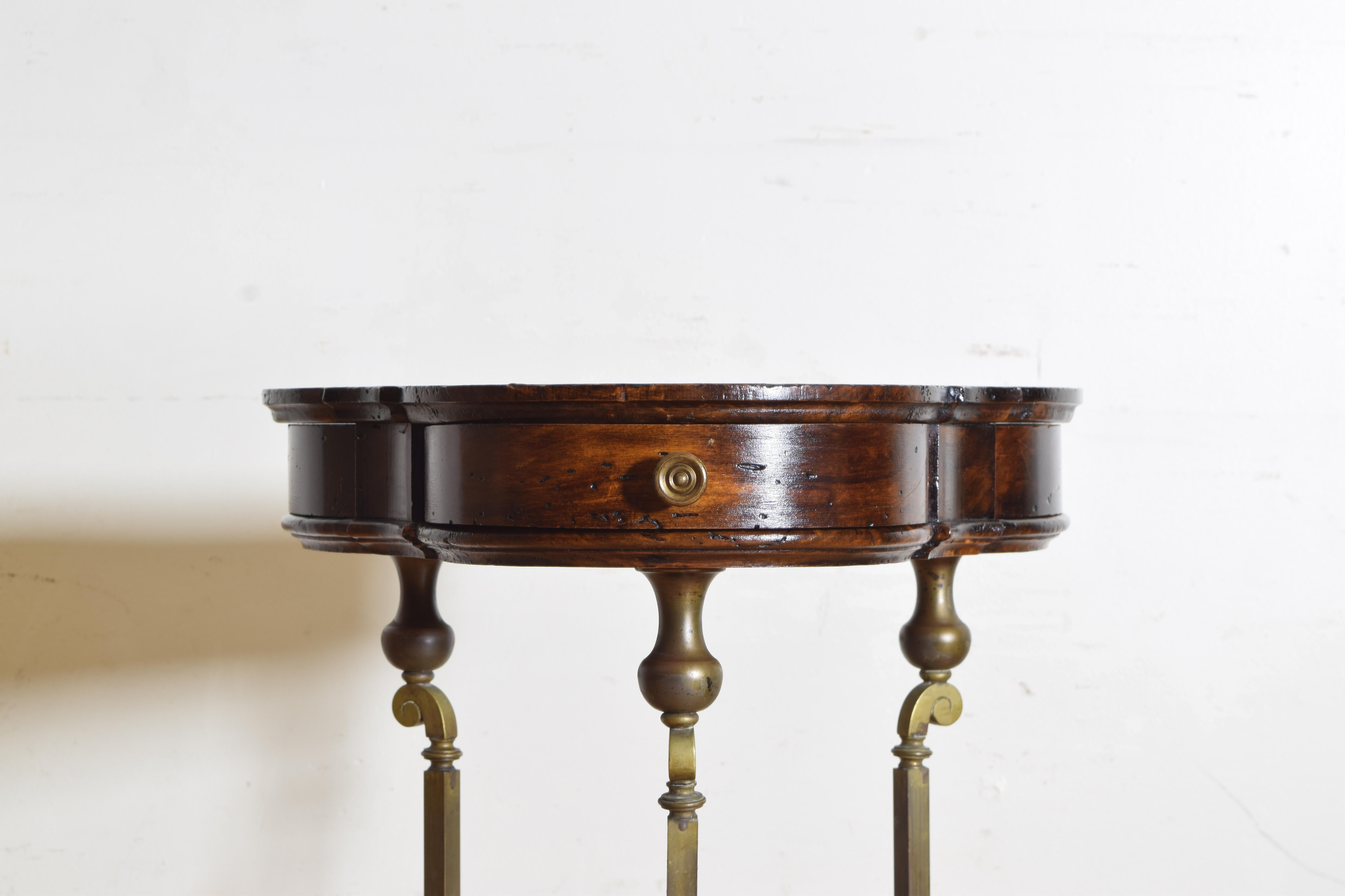 Italian Walnut and Brass Trefoil Shaped 3-Drawer Table, Early 20th Century 2