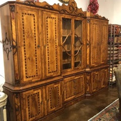 Italian Walnut Breakfront China Cabinet with Inlay, Glass Display Carved Detail