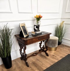 Italian Walnut Burl Wood Deco Baroque Style Lyre-Leg Trestle Side Console Table
