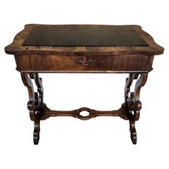 Italian Walnut Burl Wood Deco Baroque Style Lyre-Leg Trestle Side Console Table