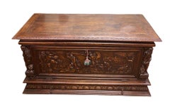 Italian Walnut Carved Buffet Trunk Renaissance Coffer 1830