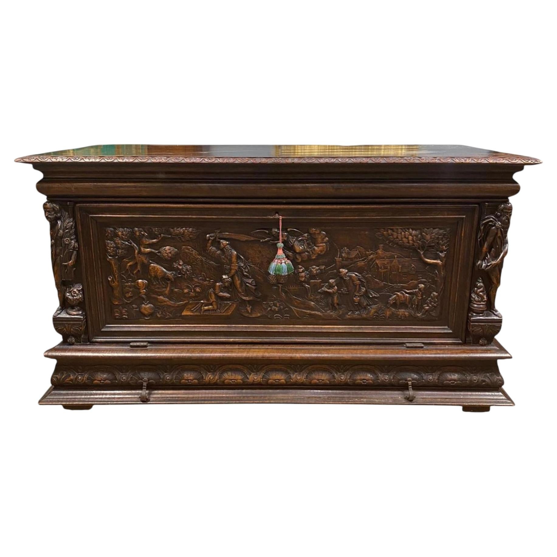 Italian Walnut Carved Buffet Trunk Renaissance Coffer 1830 For Sale