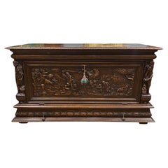 Italian Walnut Carved Buffet Trunk Renaissance Coffer 1830