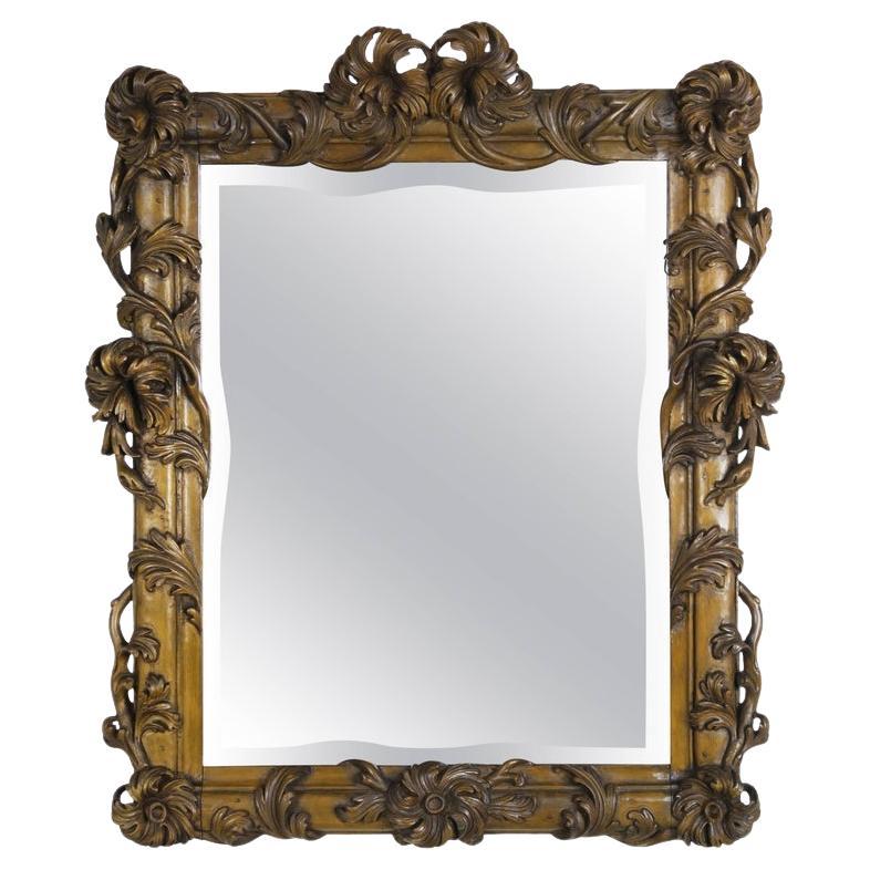 Italian Walnut Carved Wood Mirror with Flowers