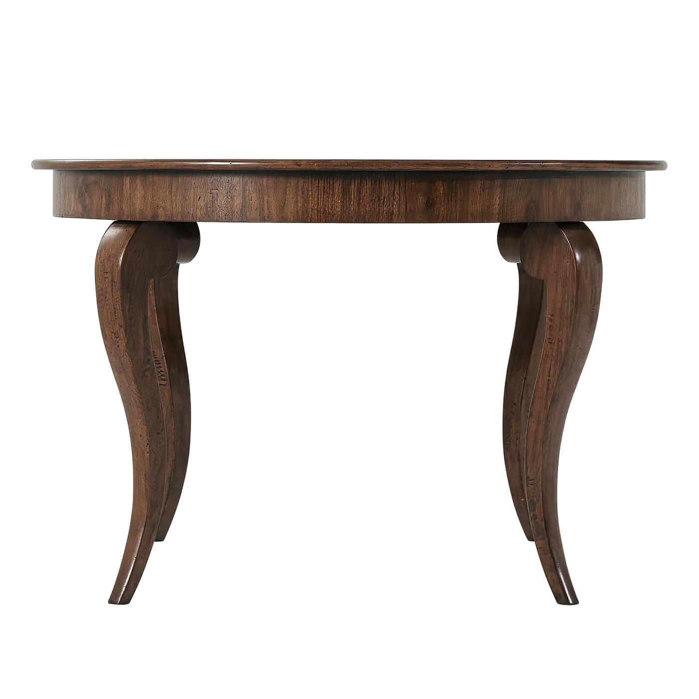 Italian style circular center table with a distressed finish and a sunburst walnut veneered top with a central burl inlay and with ebonized stringing on scroll form saber legs.
Dimensions: 46