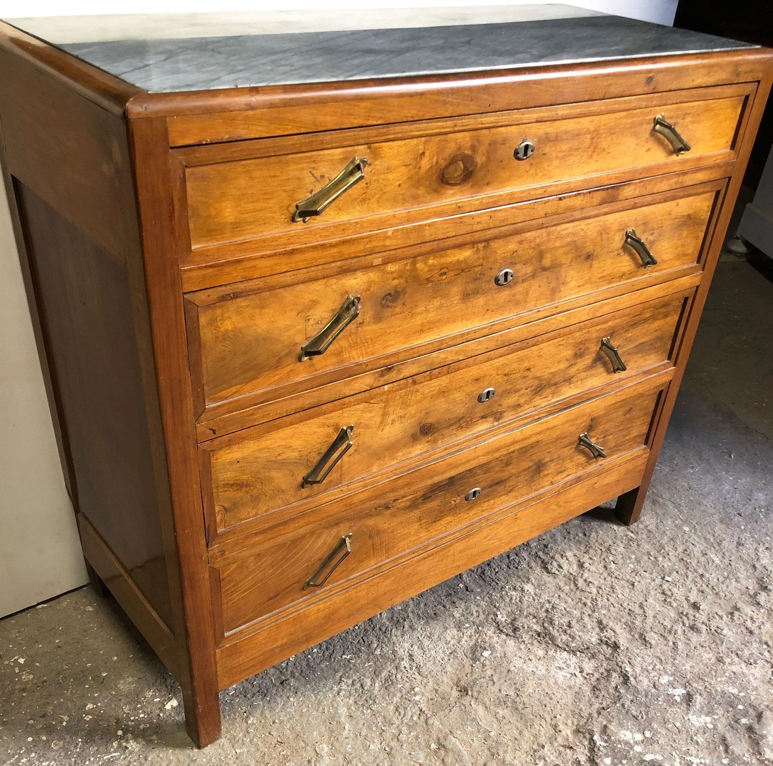 Italian Walnut Chest of Drawers, Original from 1950, with Gray Marble, Drawers In Good Condition For Sale In Buggiano, IT