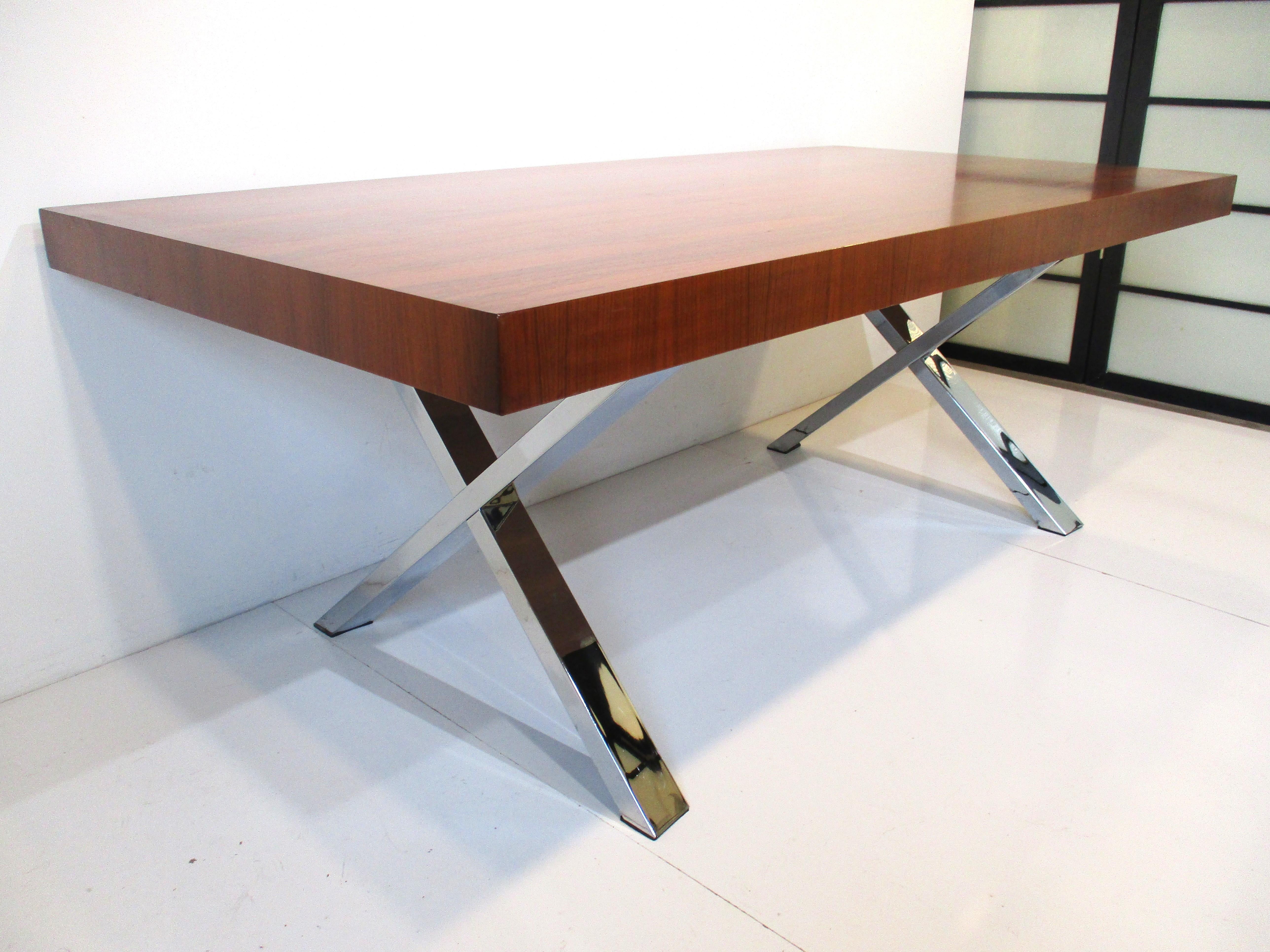 Italian Walnut Chrome X Base Dining Table 5