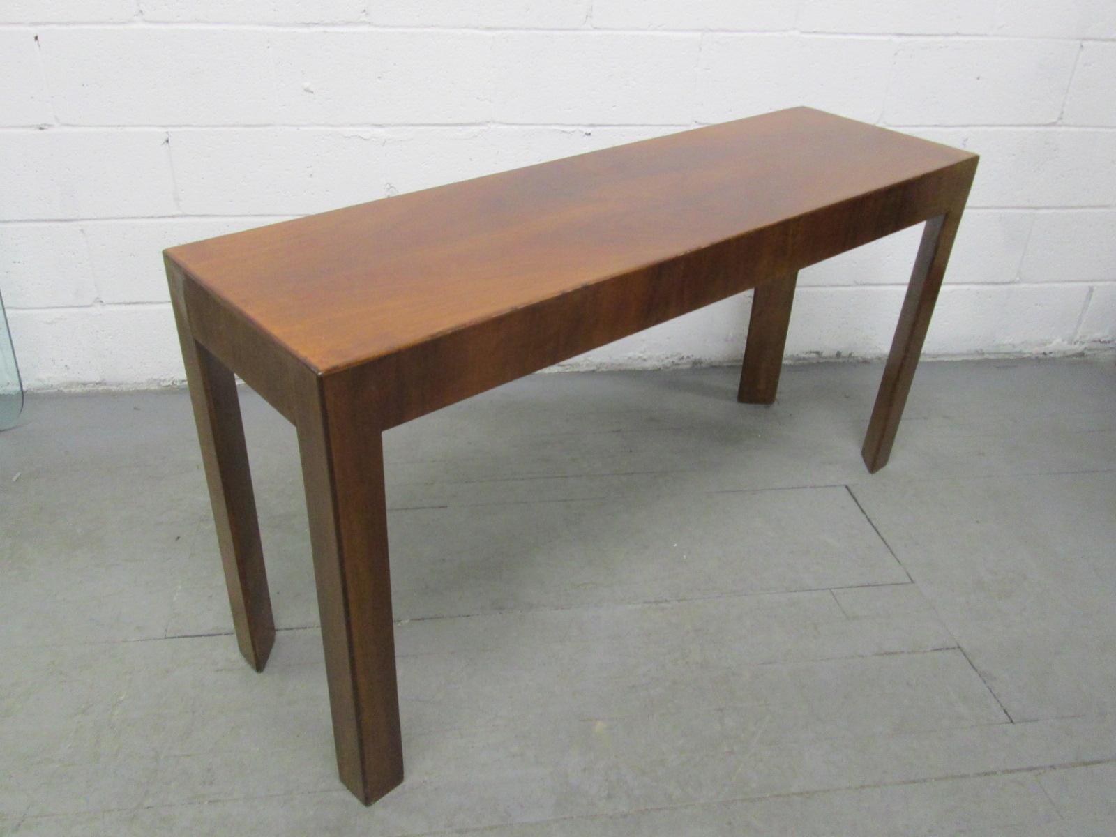 1940s burl walnut, Italian console table.