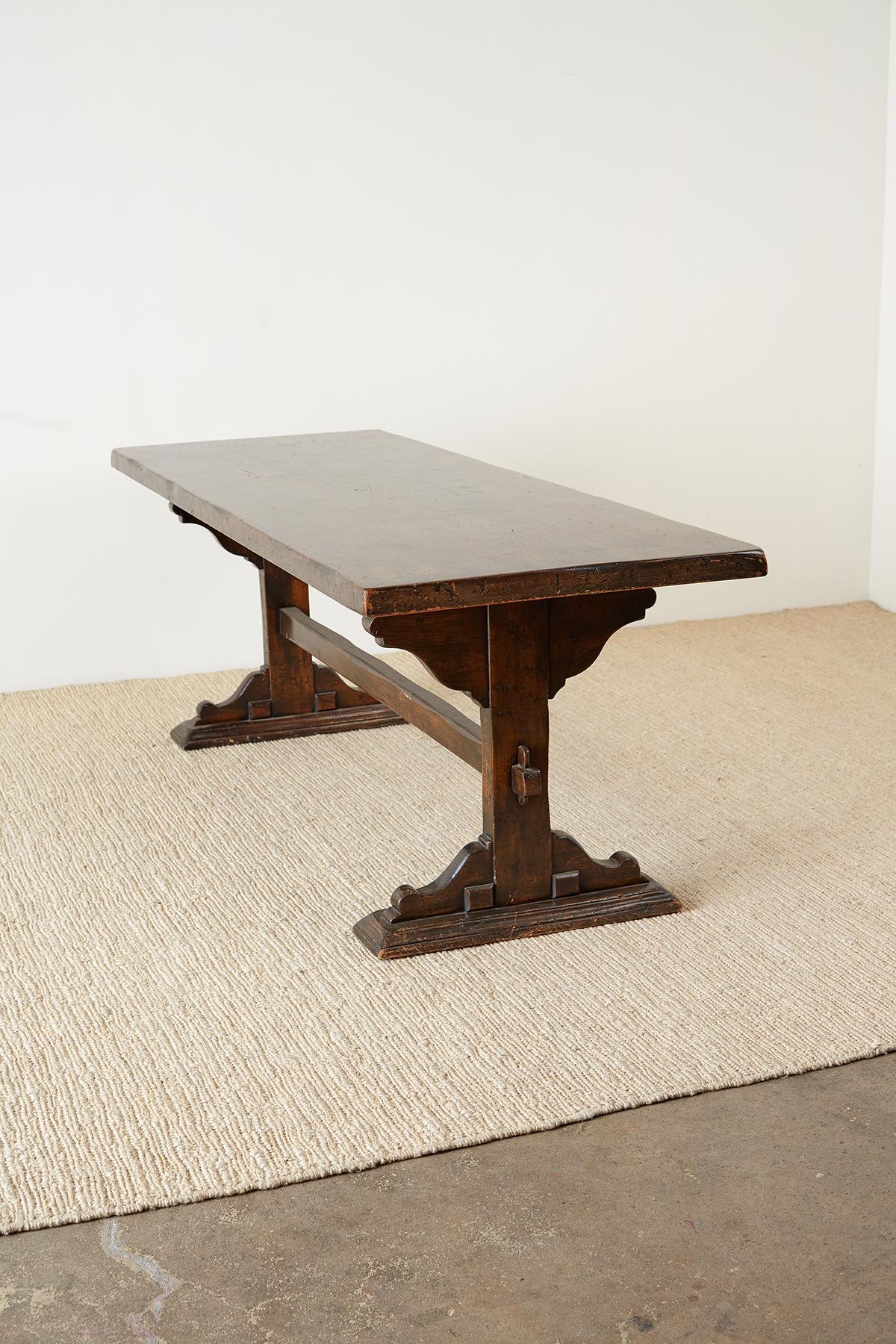 Italian Walnut Country Trestle Farm Dining Table In Distressed Condition In Rio Vista, CA