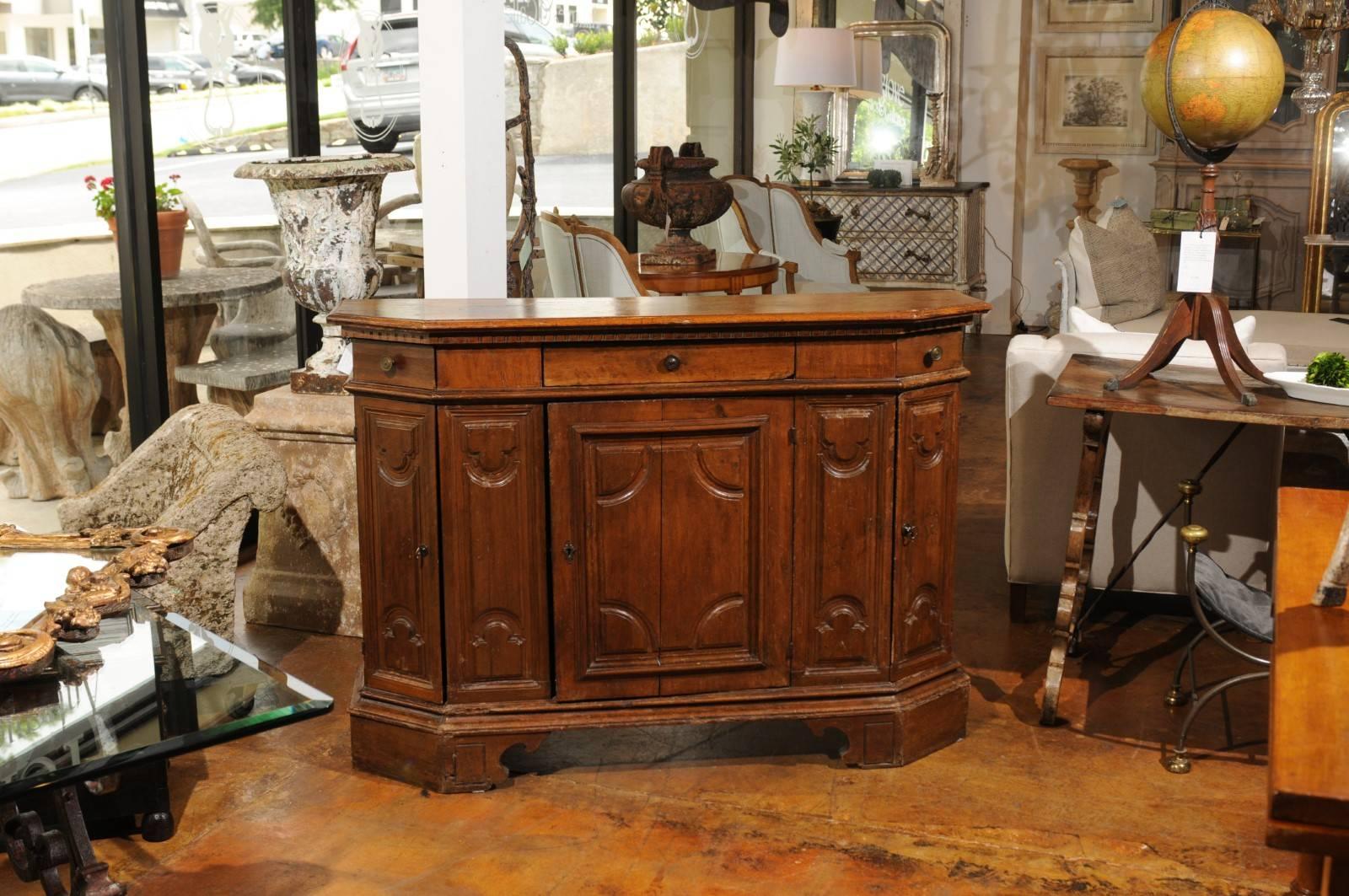 Carved Italian Walnut Credenza from Siena with Canted Corners from the 19th Century
