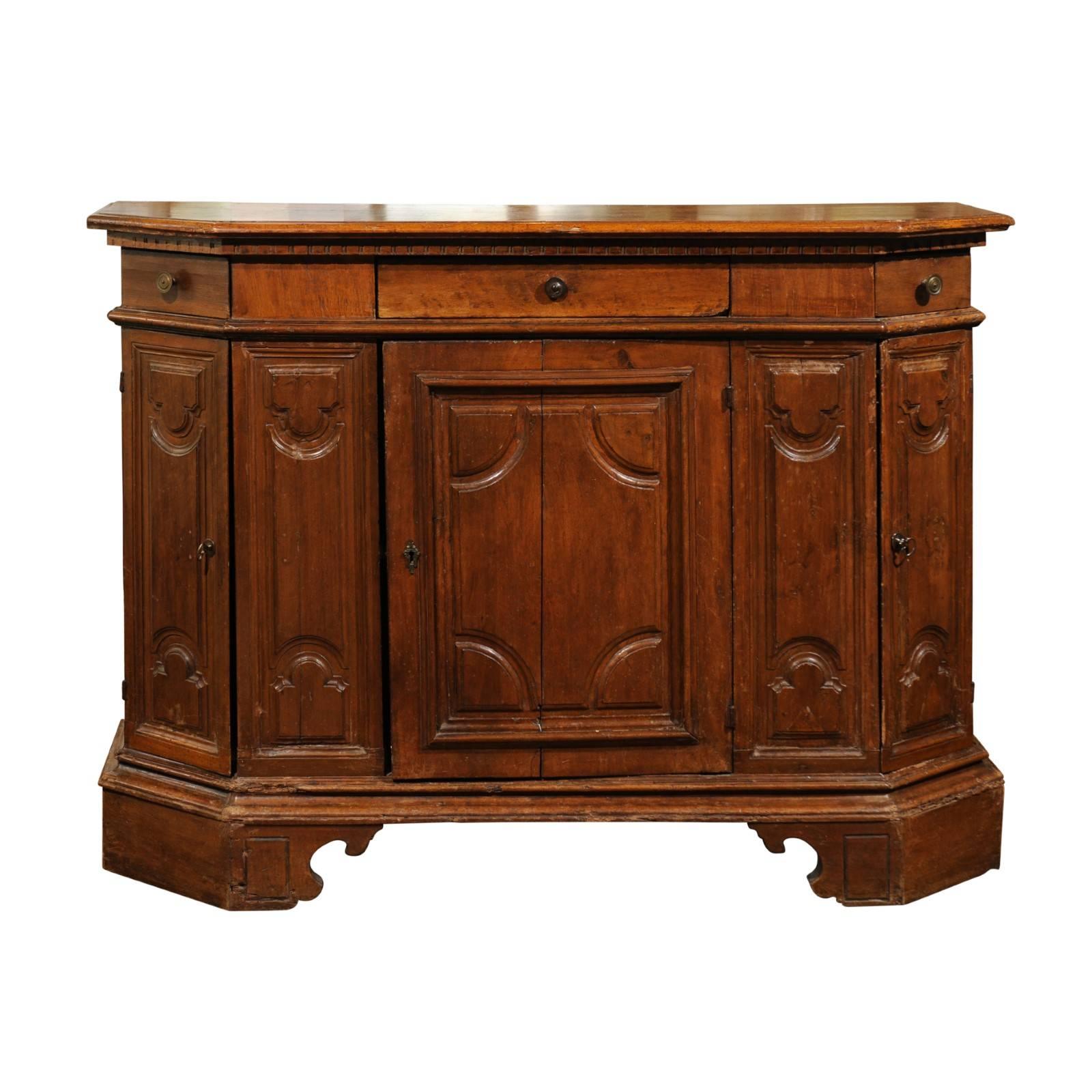 Italian Walnut Credenza from Siena with Canted Corners from the 19th Century