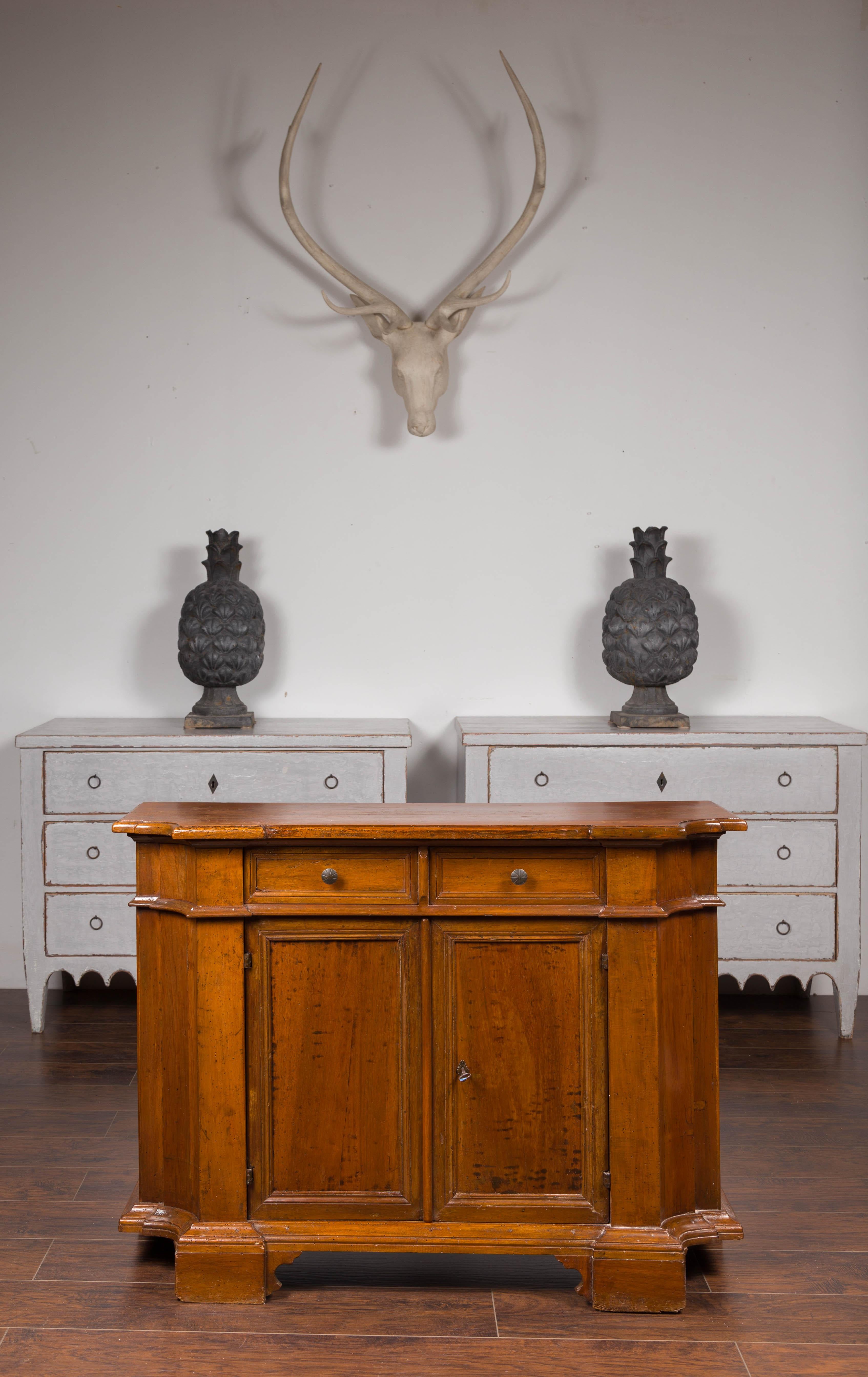 Italian Walnut Credenza with Drawers over Doors and Curving Sides, circa 1860 In Good Condition In Atlanta, GA