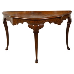 Italian Walnut Demilune Console Table with Radiating Top and Carved Apron