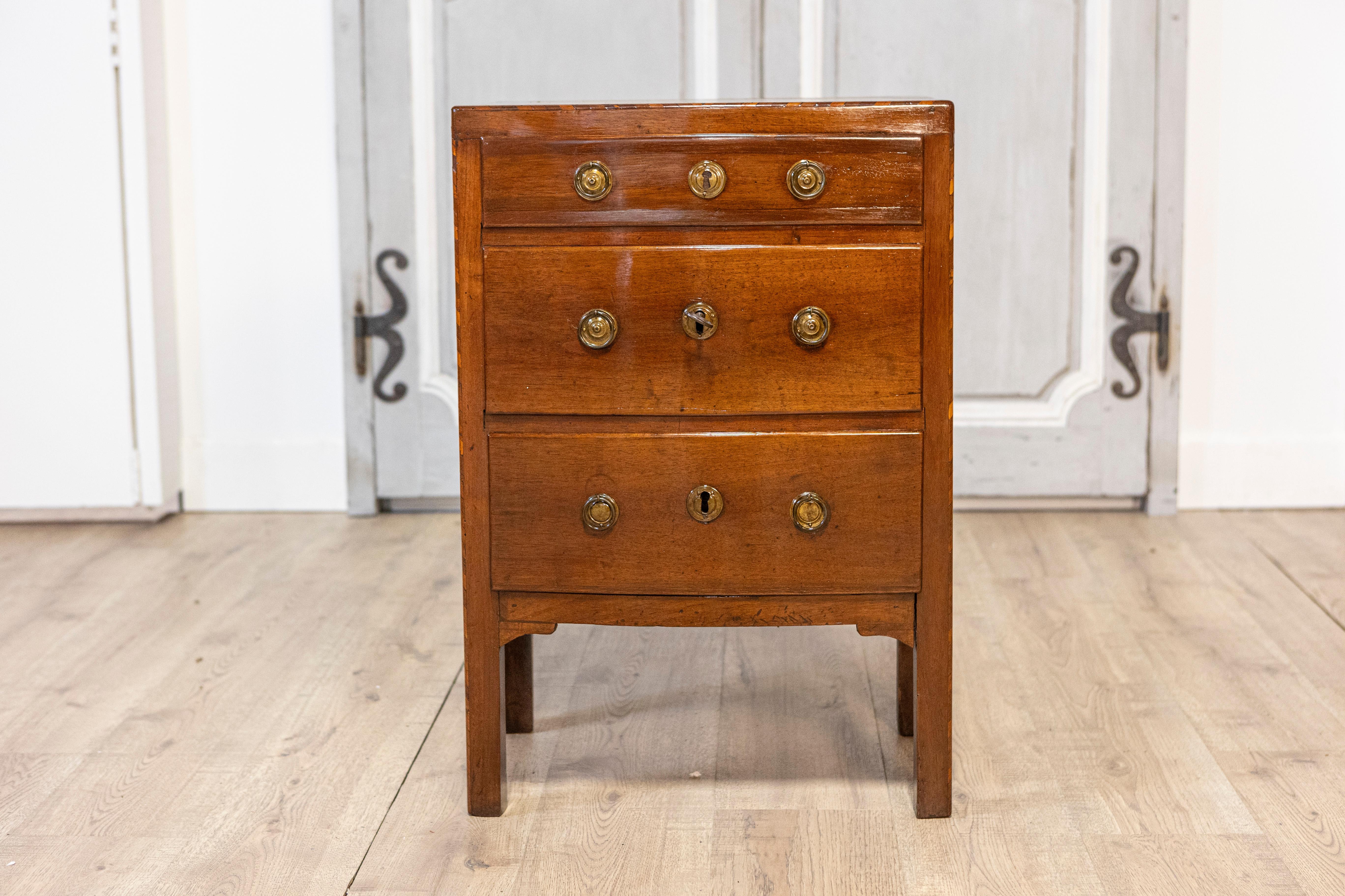 Inlay Italian Walnut Early 19th Century Three-Drawer Bedside Chest from Vicenza  For Sale