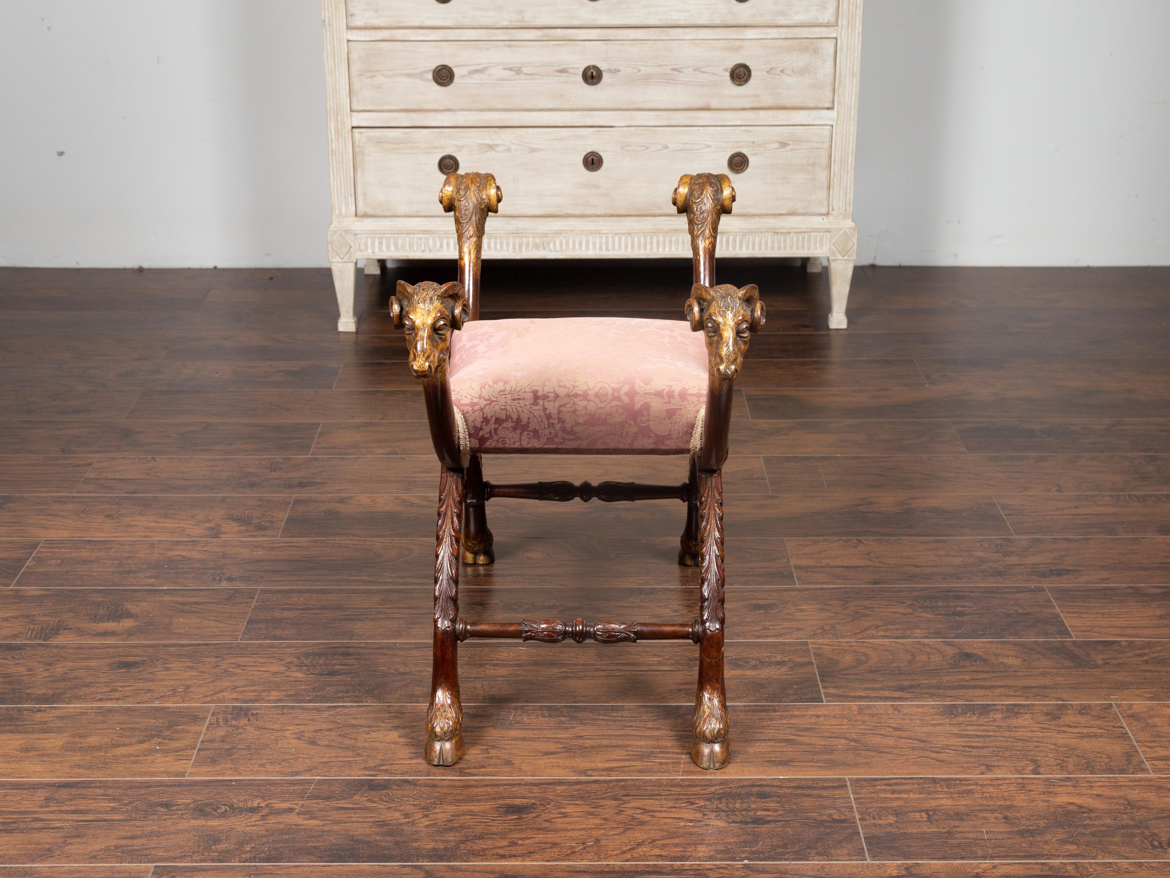 Italian Walnut Empire Style 1870s Curule Stool with Carved Rams Heads 5