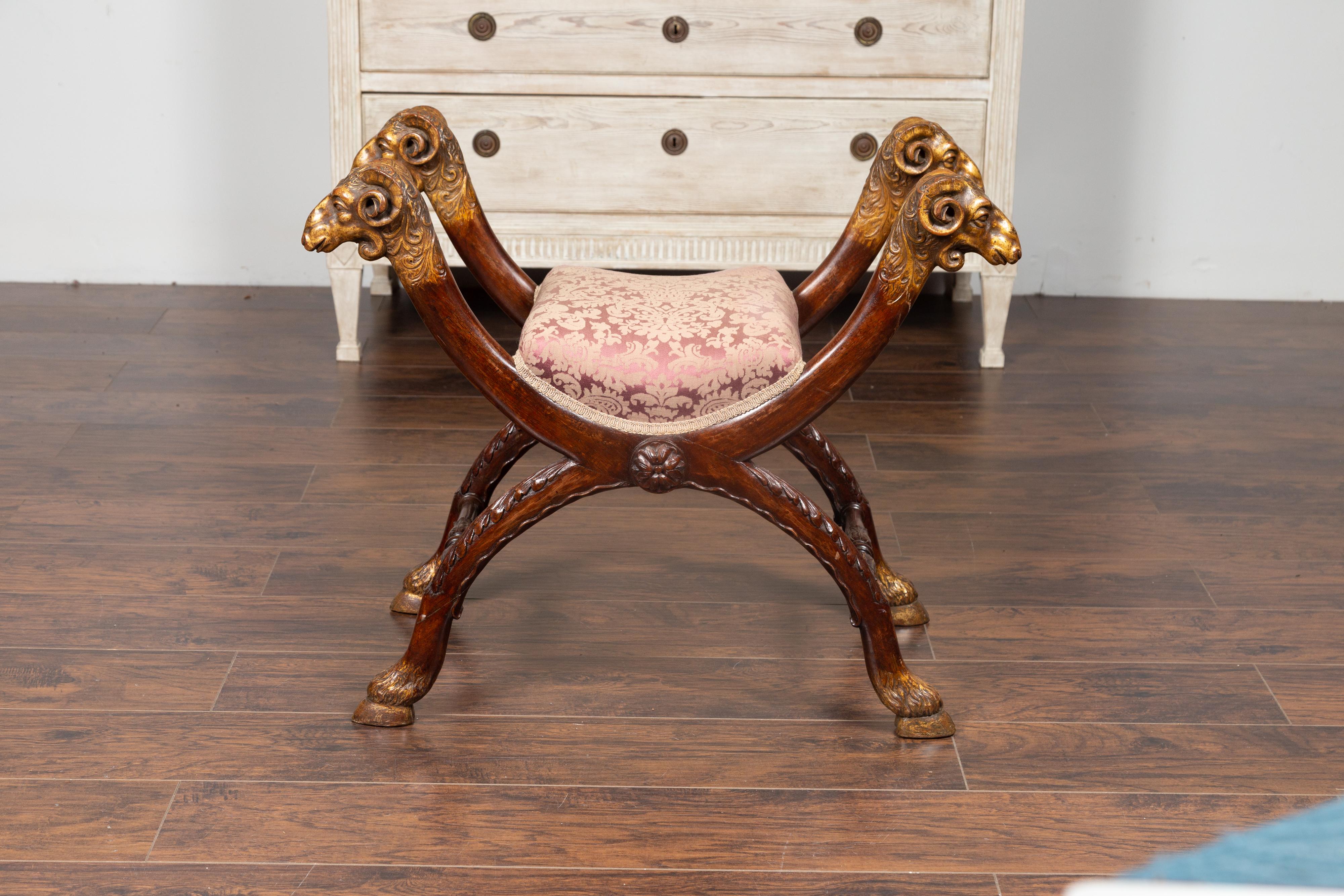 Italian Walnut Empire Style 1870s Curule Stool with Carved Rams Heads 6
