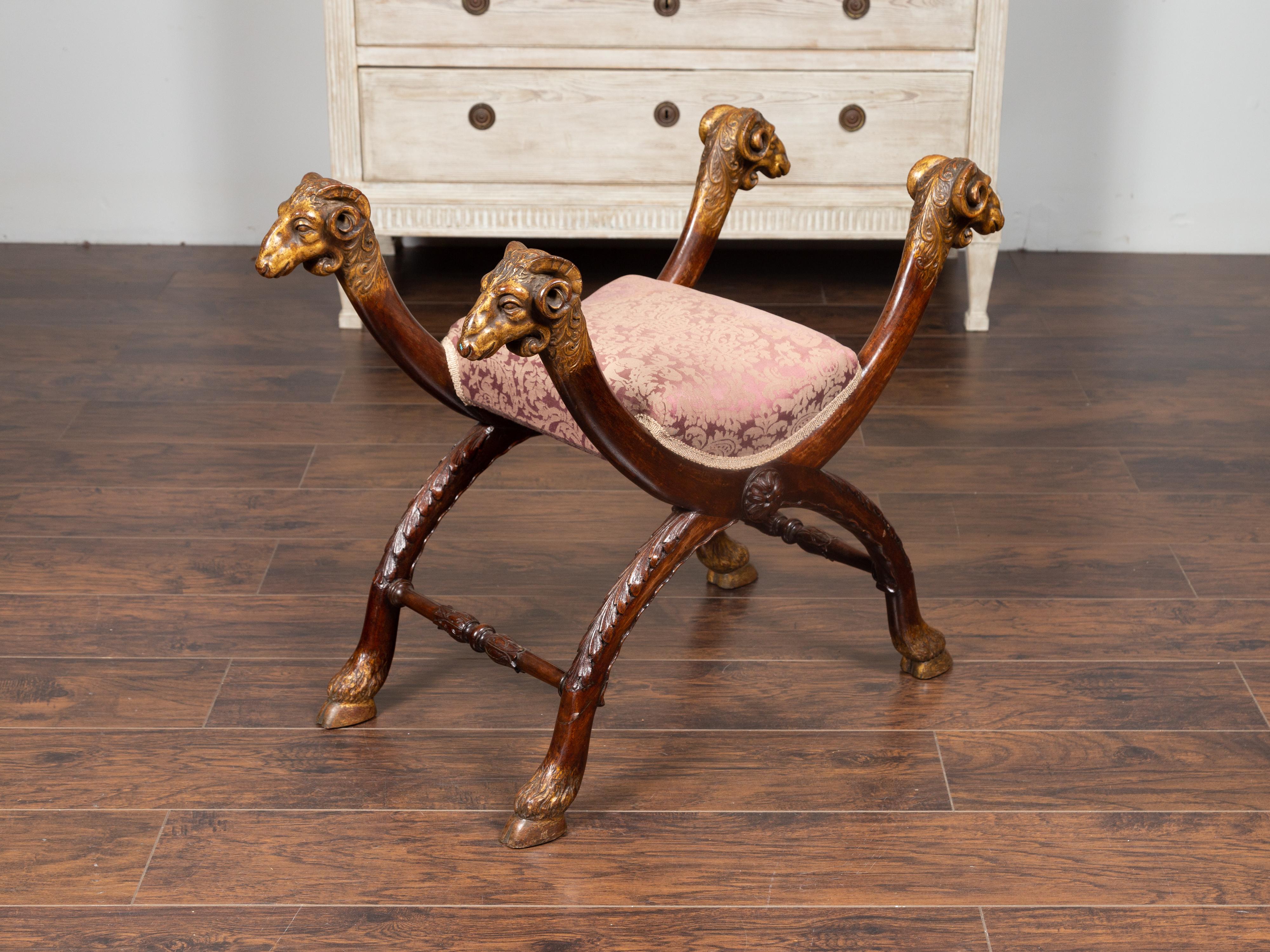 Italian Walnut Empire Style 1870s Curule Stool with Carved Rams Heads 7