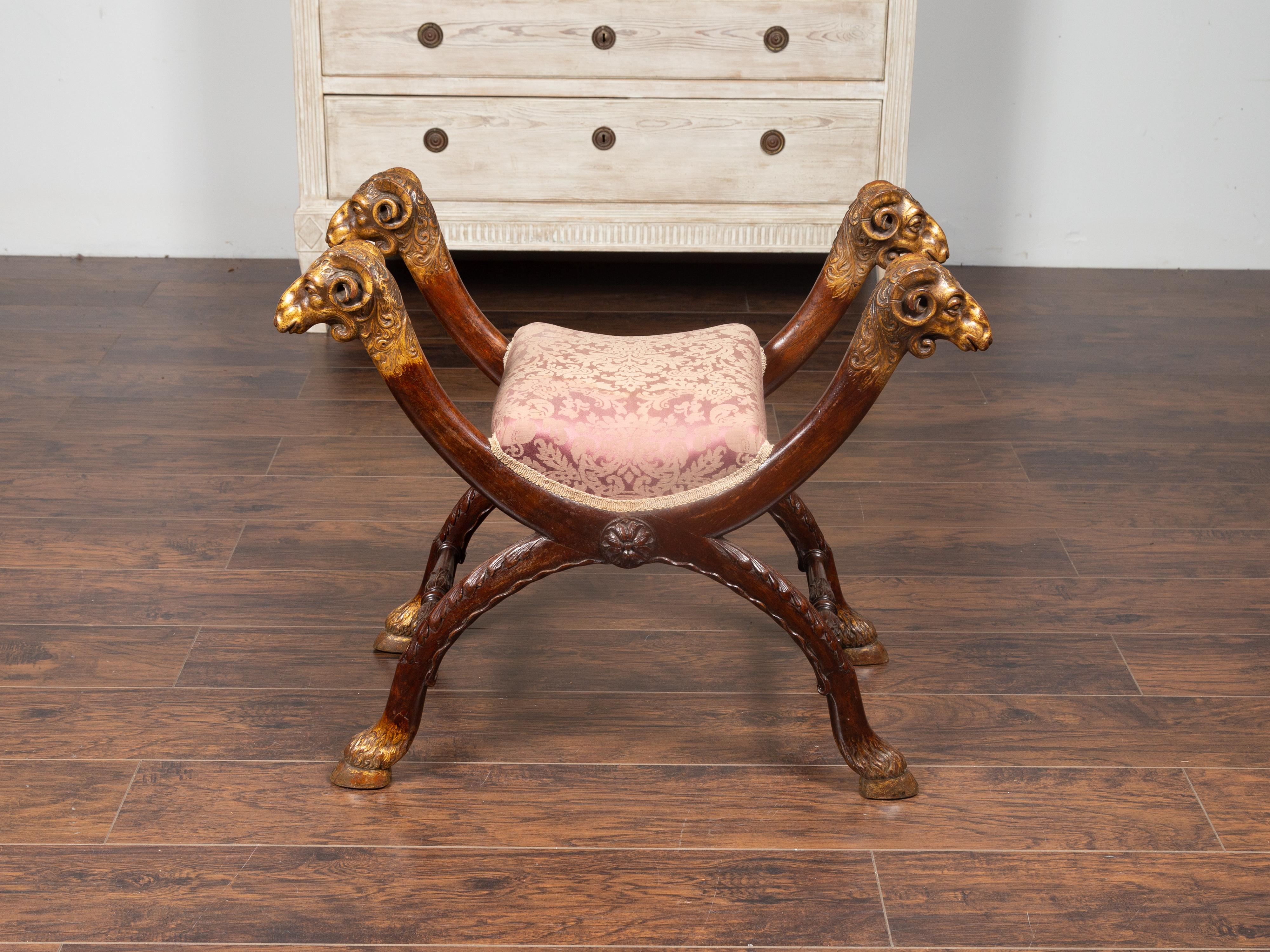 Italian Walnut Empire Style 1870s Curule Stool with Carved Rams Heads 8