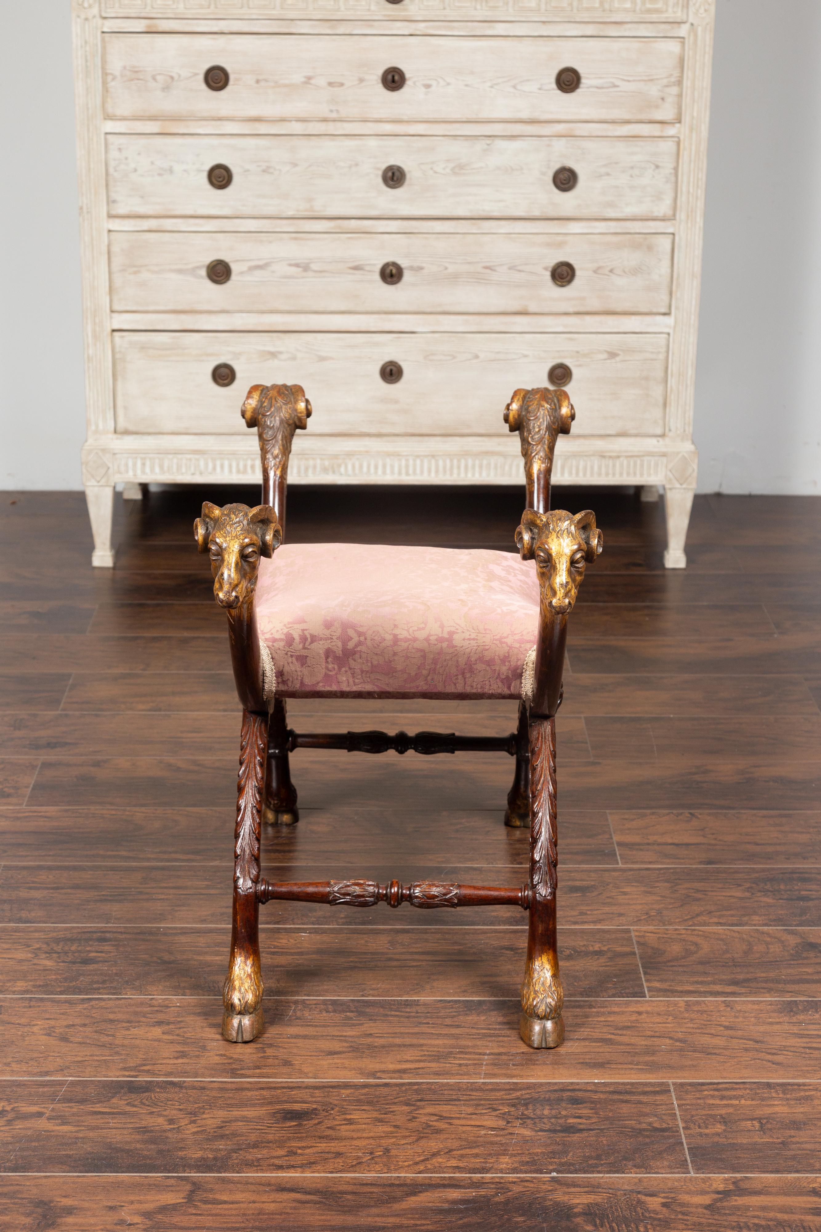 Italian Walnut Empire Style 1870s Curule Stool with Carved Rams Heads 9