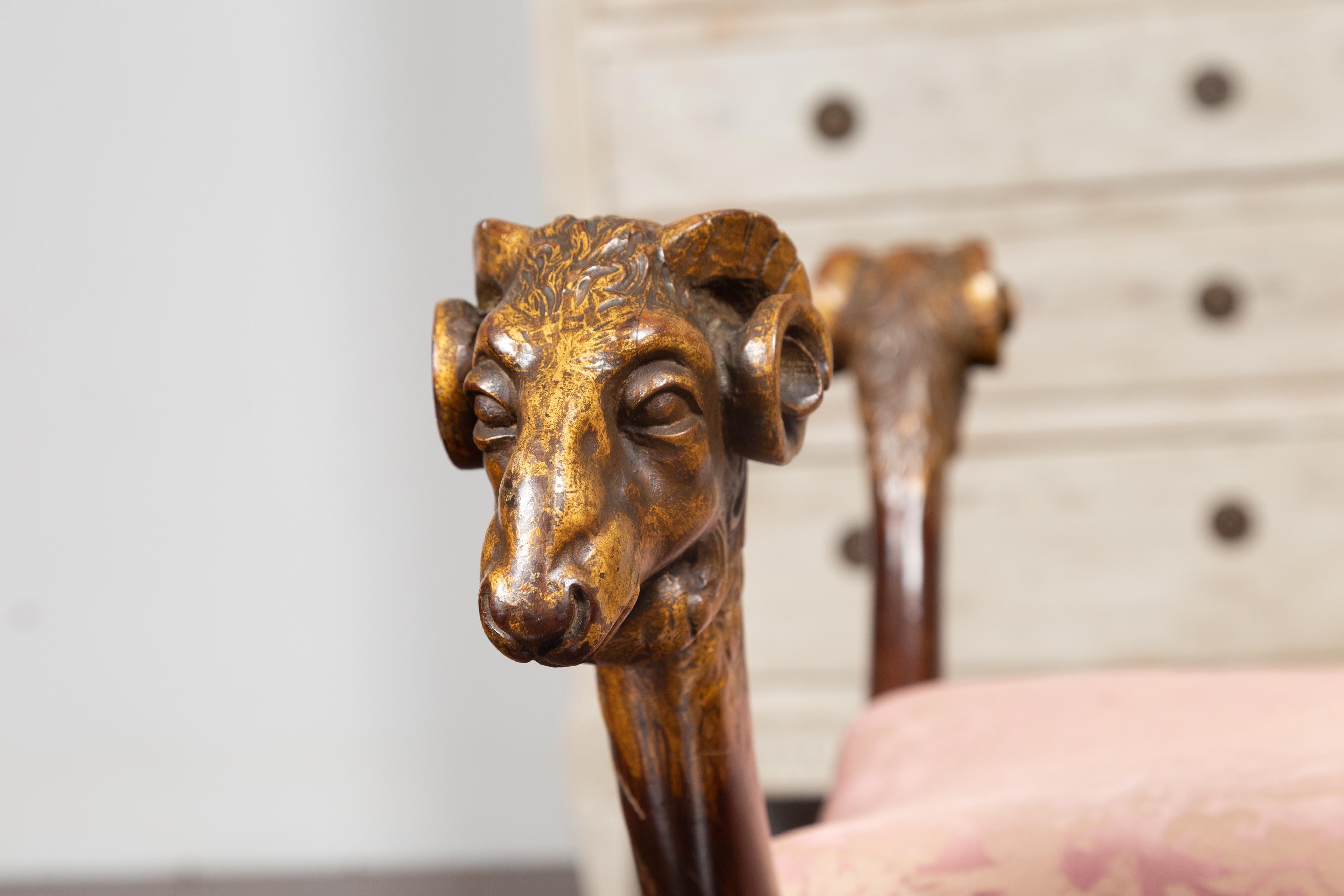 Italian Walnut Empire Style 1870s Curule Stool with Carved Rams Heads 11