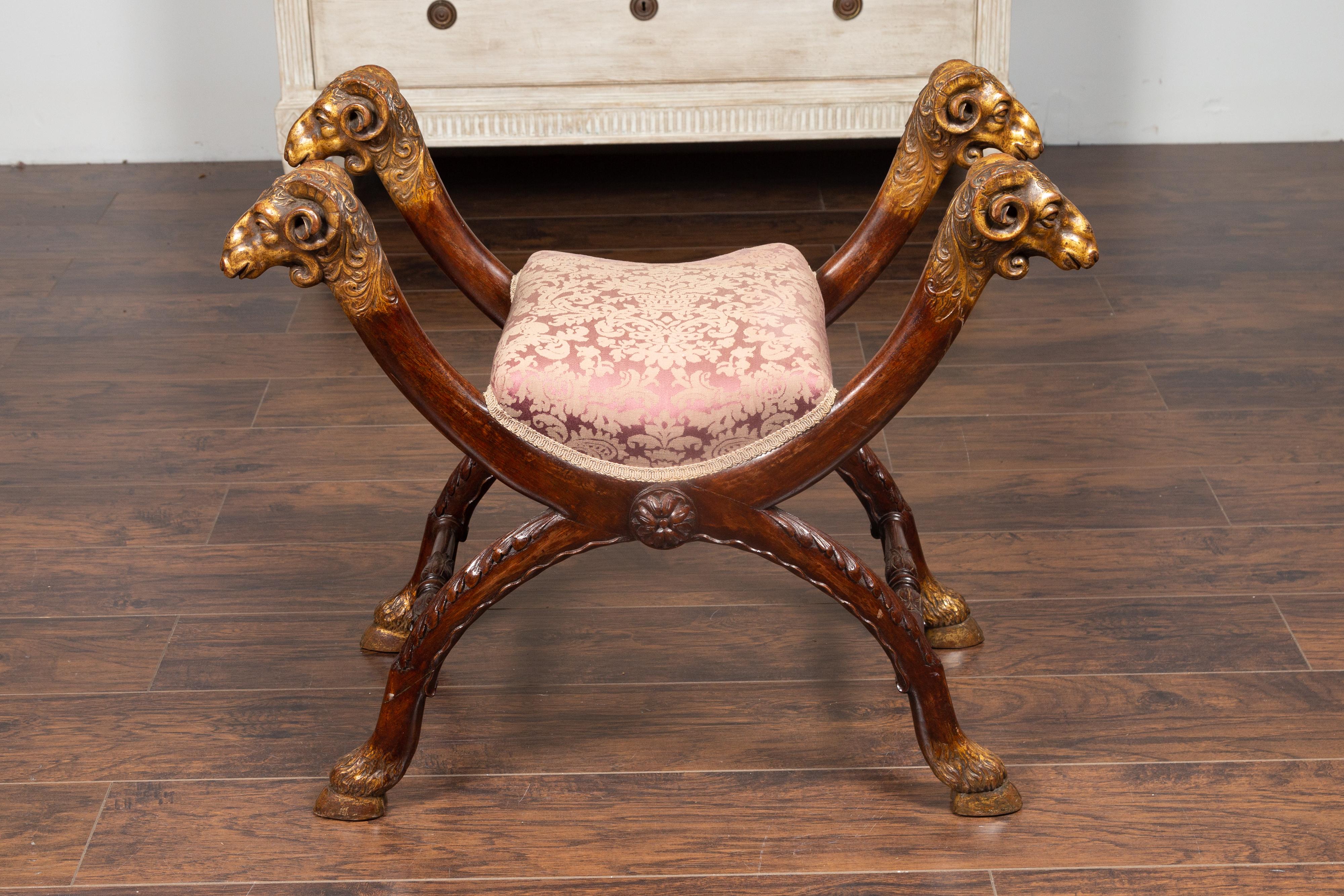 Italian Walnut Empire Style 1870s Curule Stool with Carved Rams Heads 12