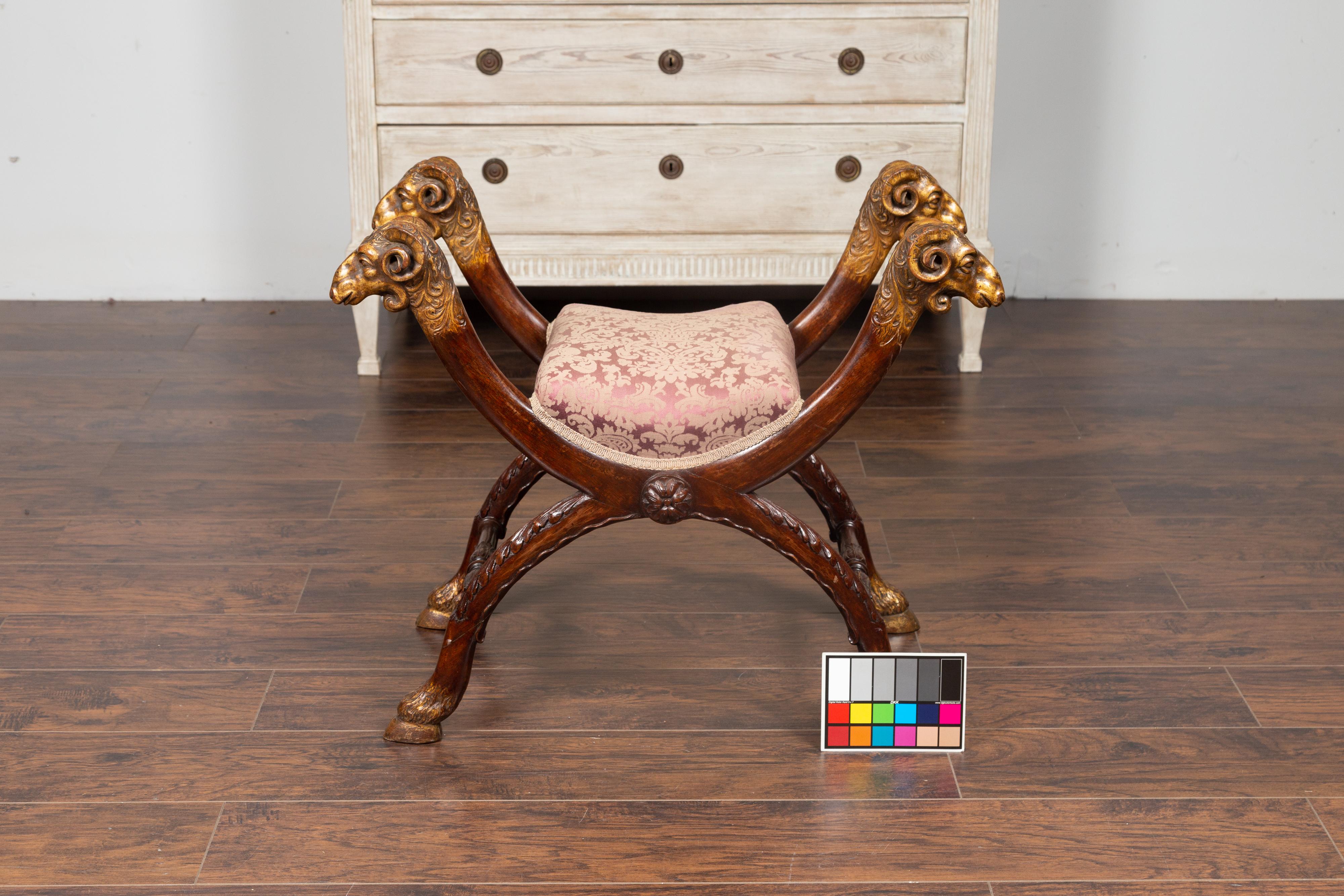 Italian Walnut Empire Style 1870s Curule Stool with Carved Rams Heads 13