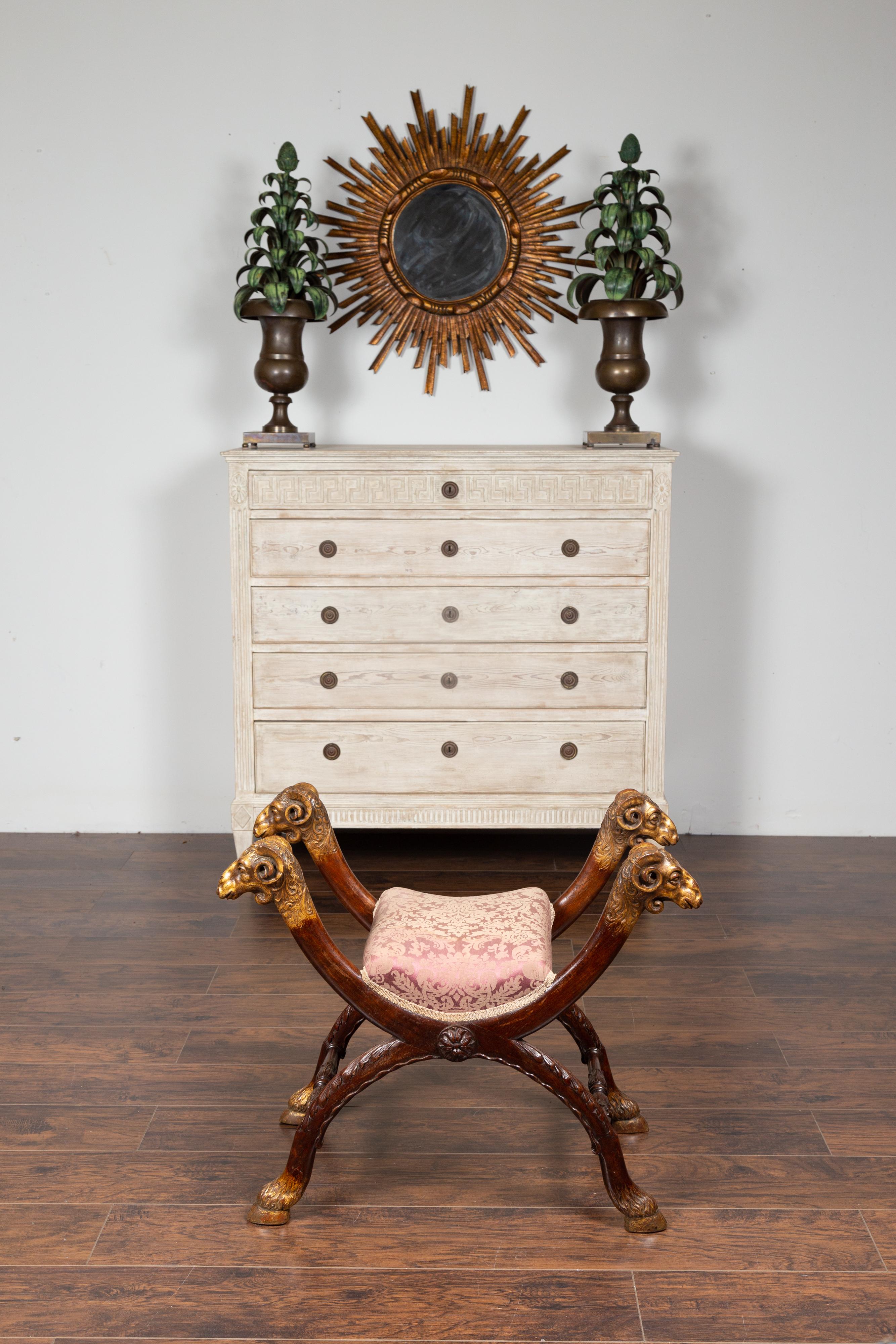 Italian Walnut Empire Style 1870s Curule Stool with Carved Rams Heads In Good Condition In Atlanta, GA