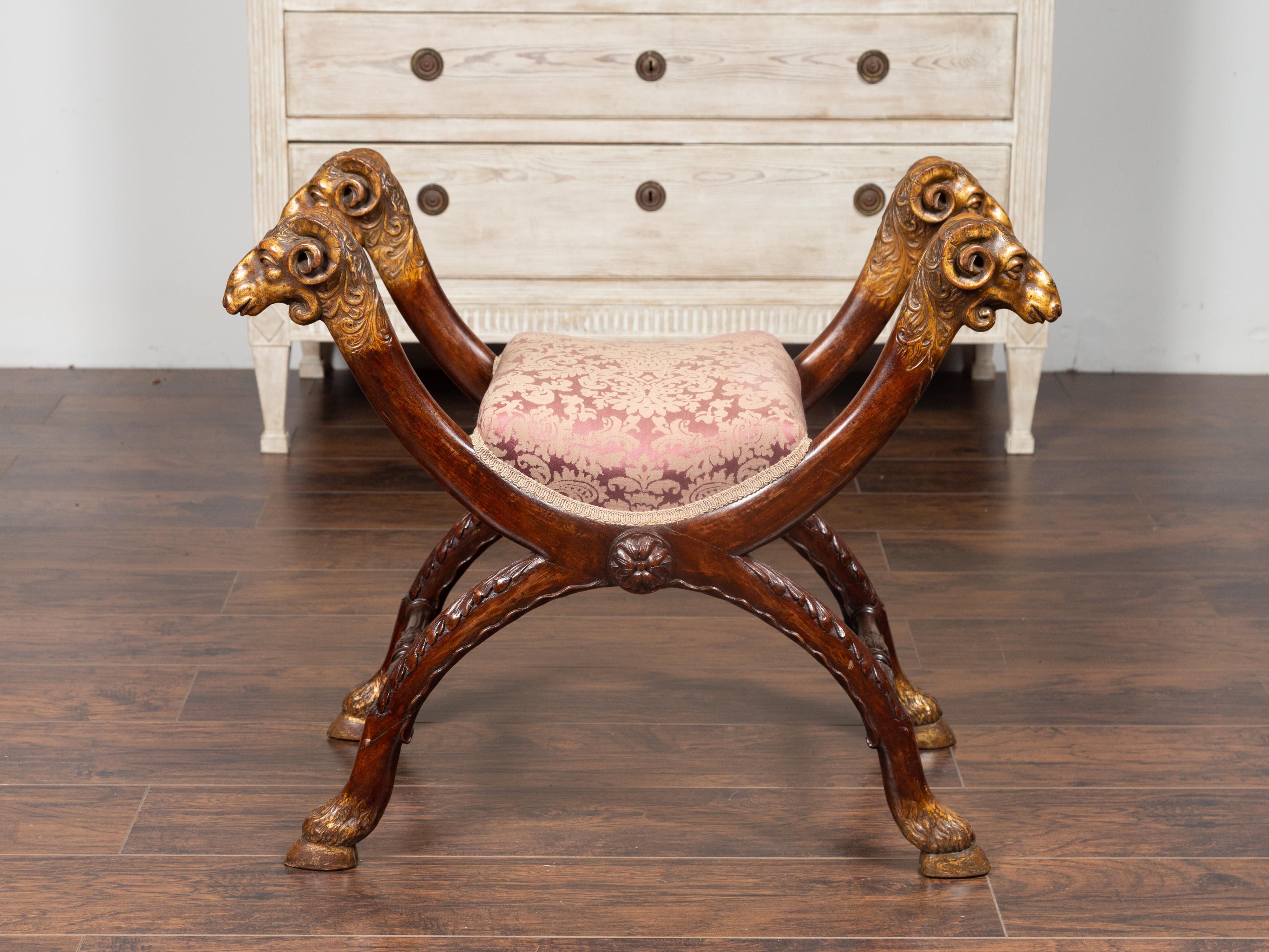 19th Century Italian Walnut Empire Style 1870s Curule Stool with Carved Rams Heads