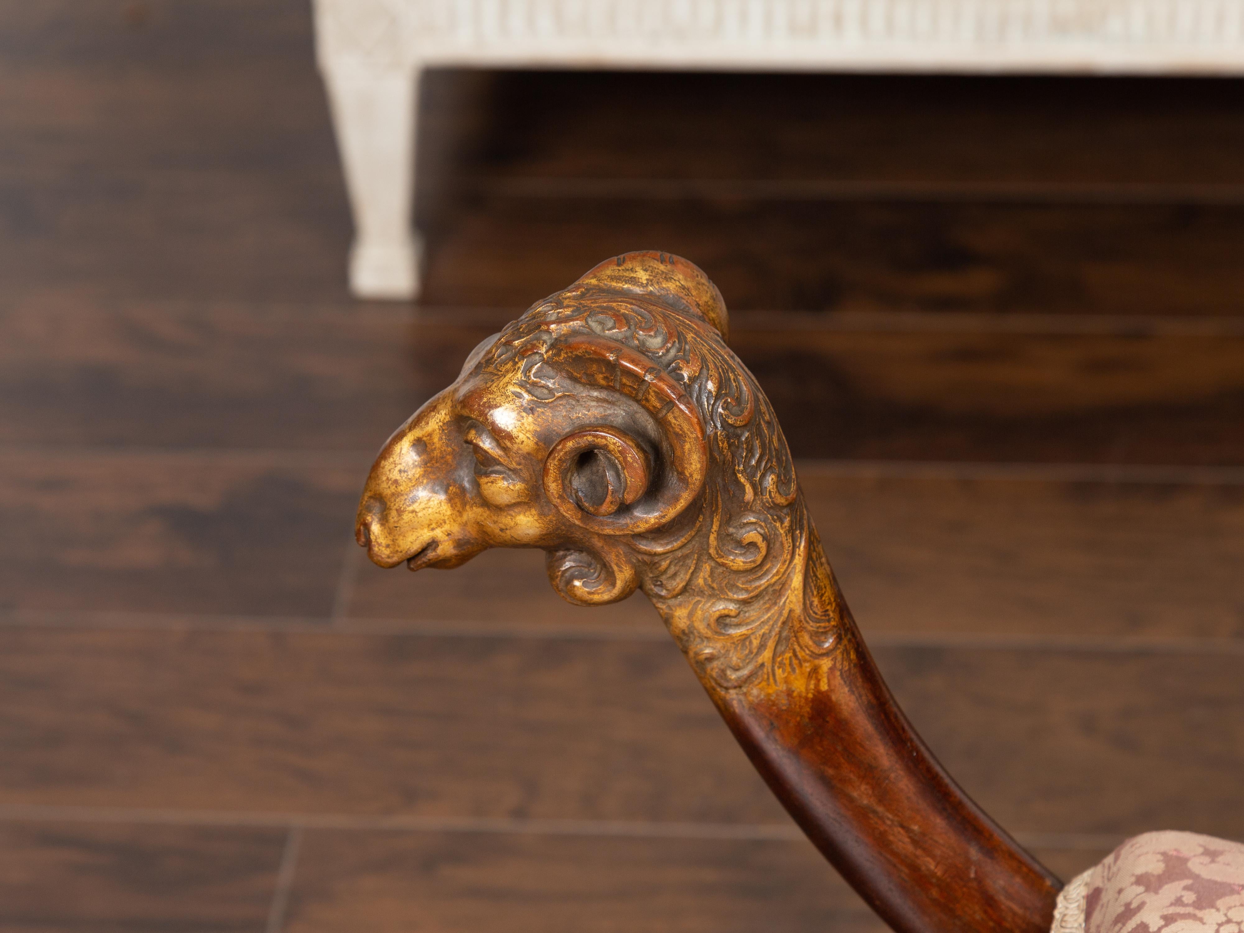 Upholstery Italian Walnut Empire Style 1870s Curule Stool with Carved Rams Heads
