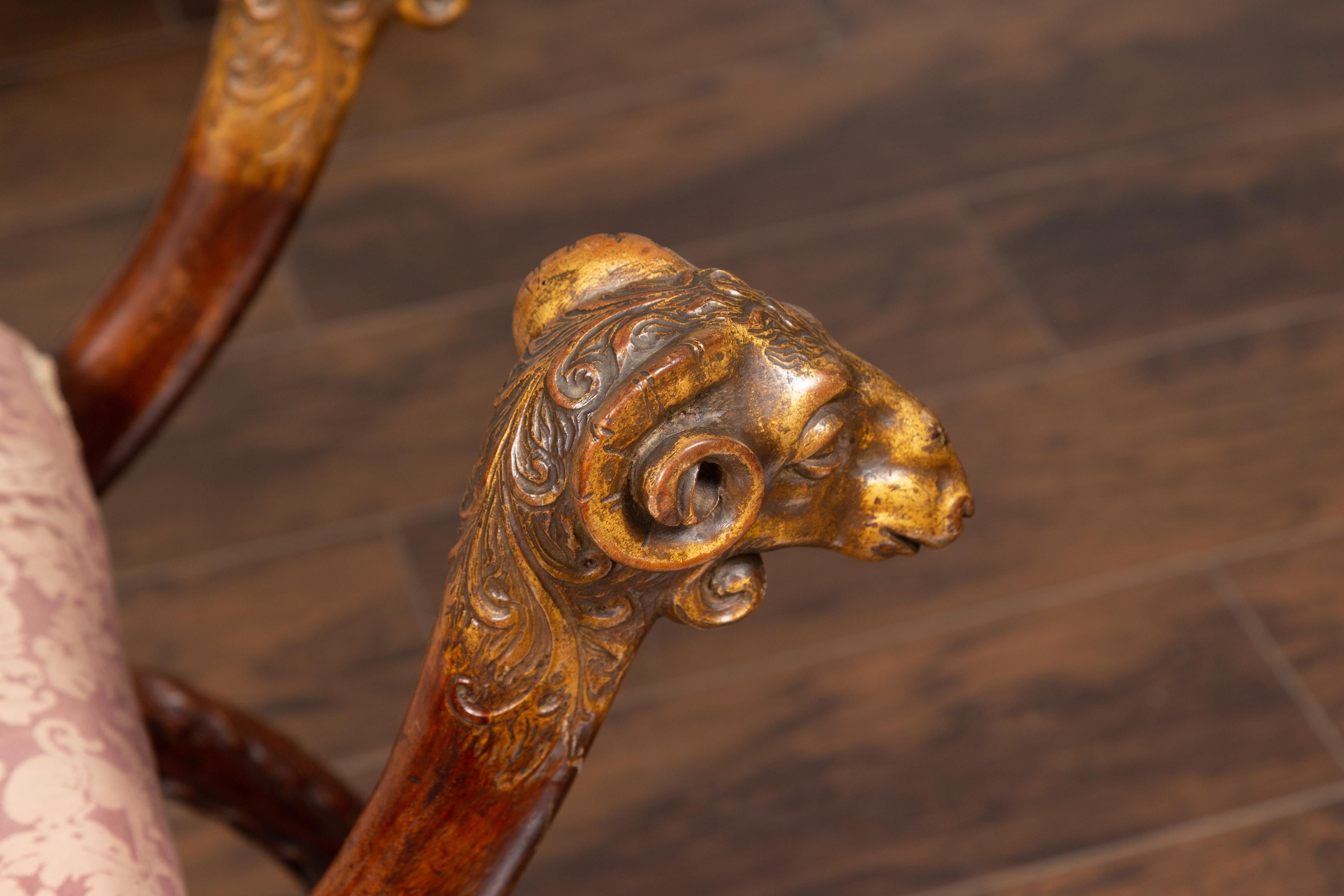 Italian Walnut Empire Style 1870s Curule Stool with Carved Rams Heads 1