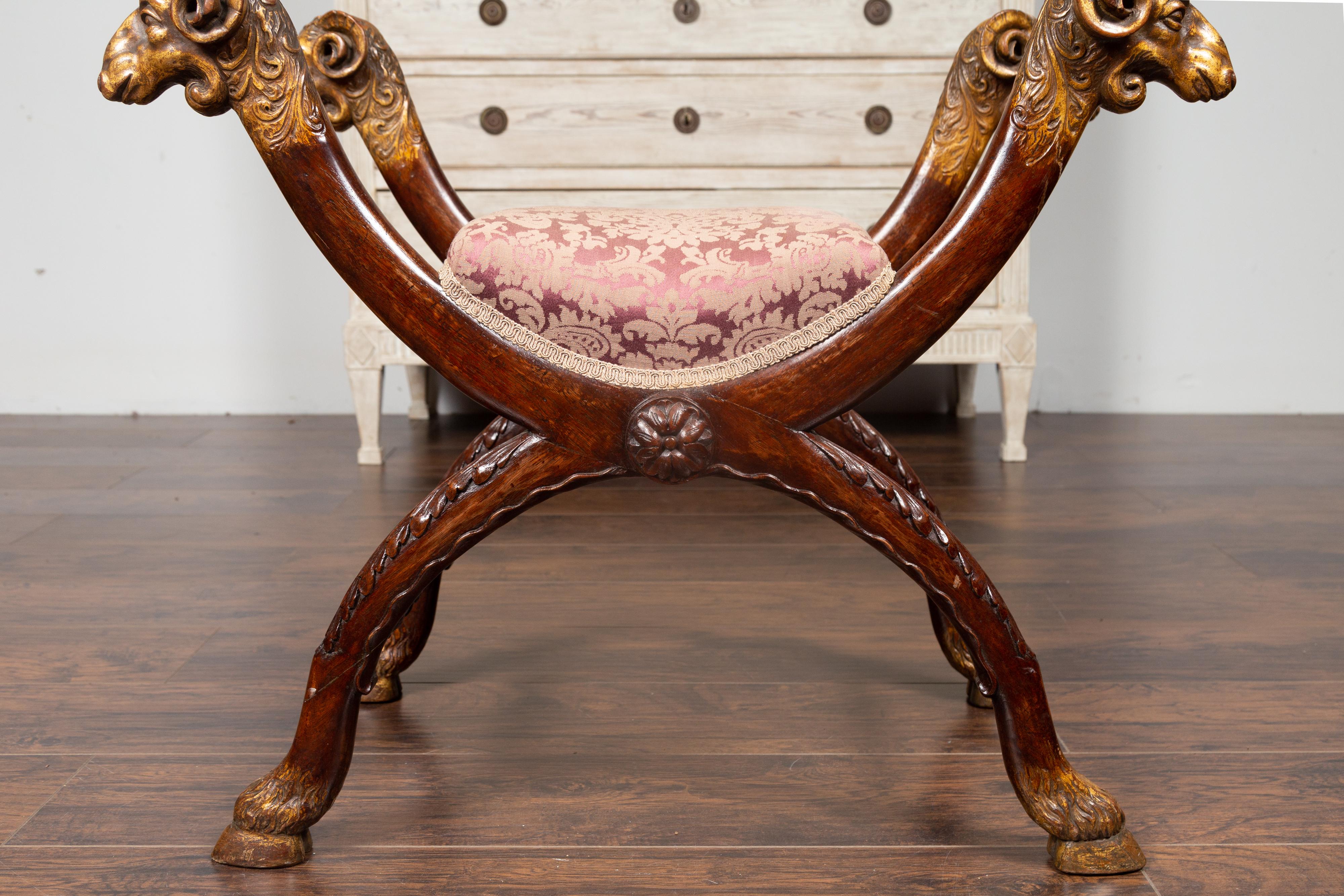 Italian Walnut Empire Style 1870s Curule Stool with Carved Rams Heads 2