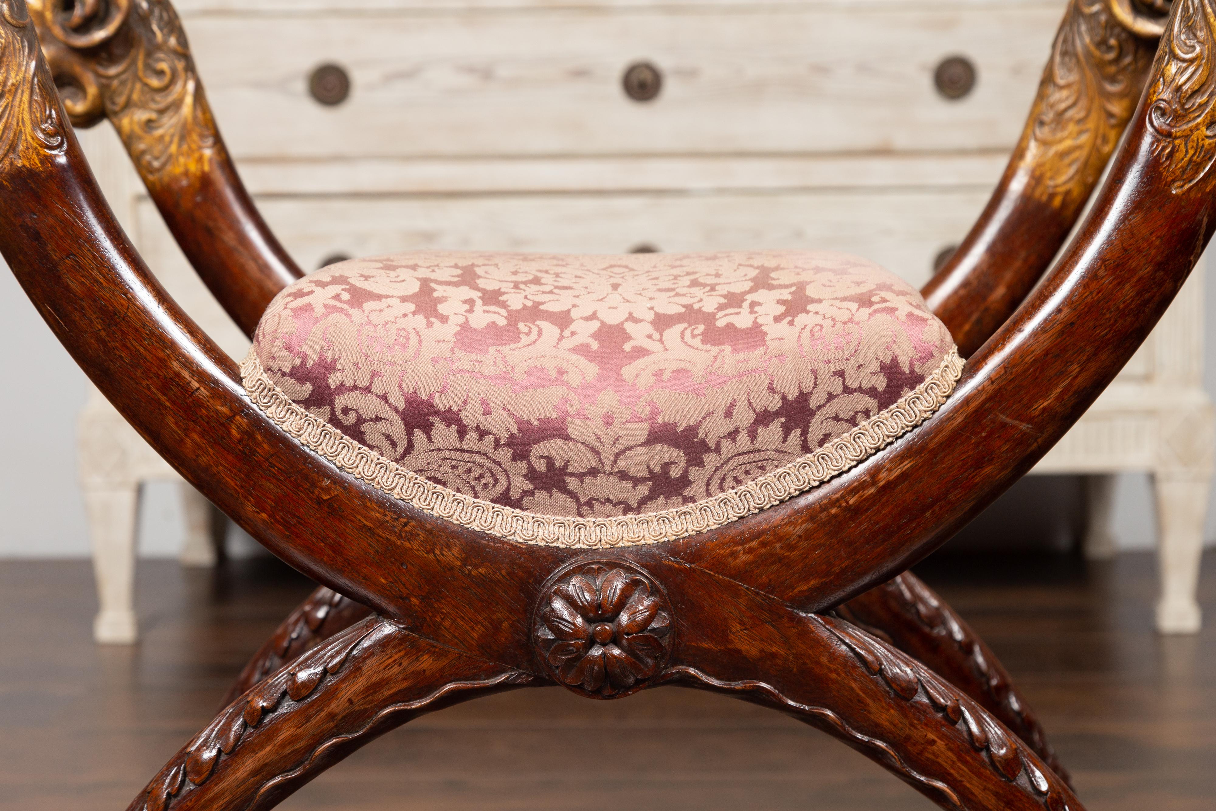 Italian Walnut Empire Style 1870s Curule Stool with Carved Rams Heads 3