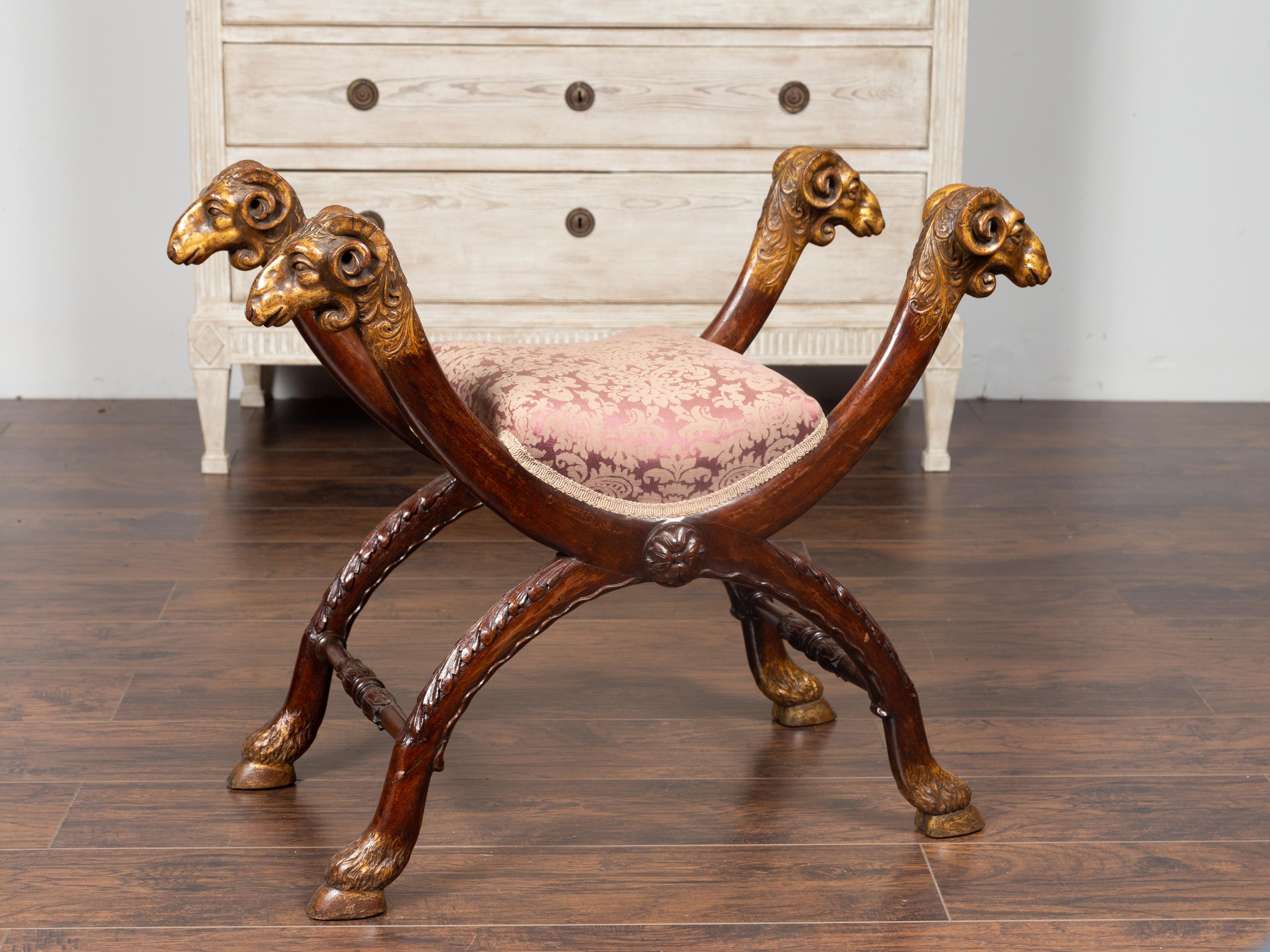 Italian Walnut Empire Style 1870s Curule Stool with Carved Rams Heads 4