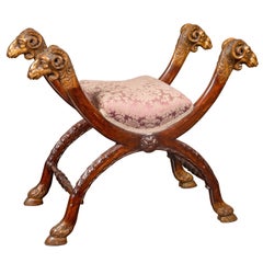 Italian Walnut Empire Style 1870s Curule Stool with Carved Rams Heads