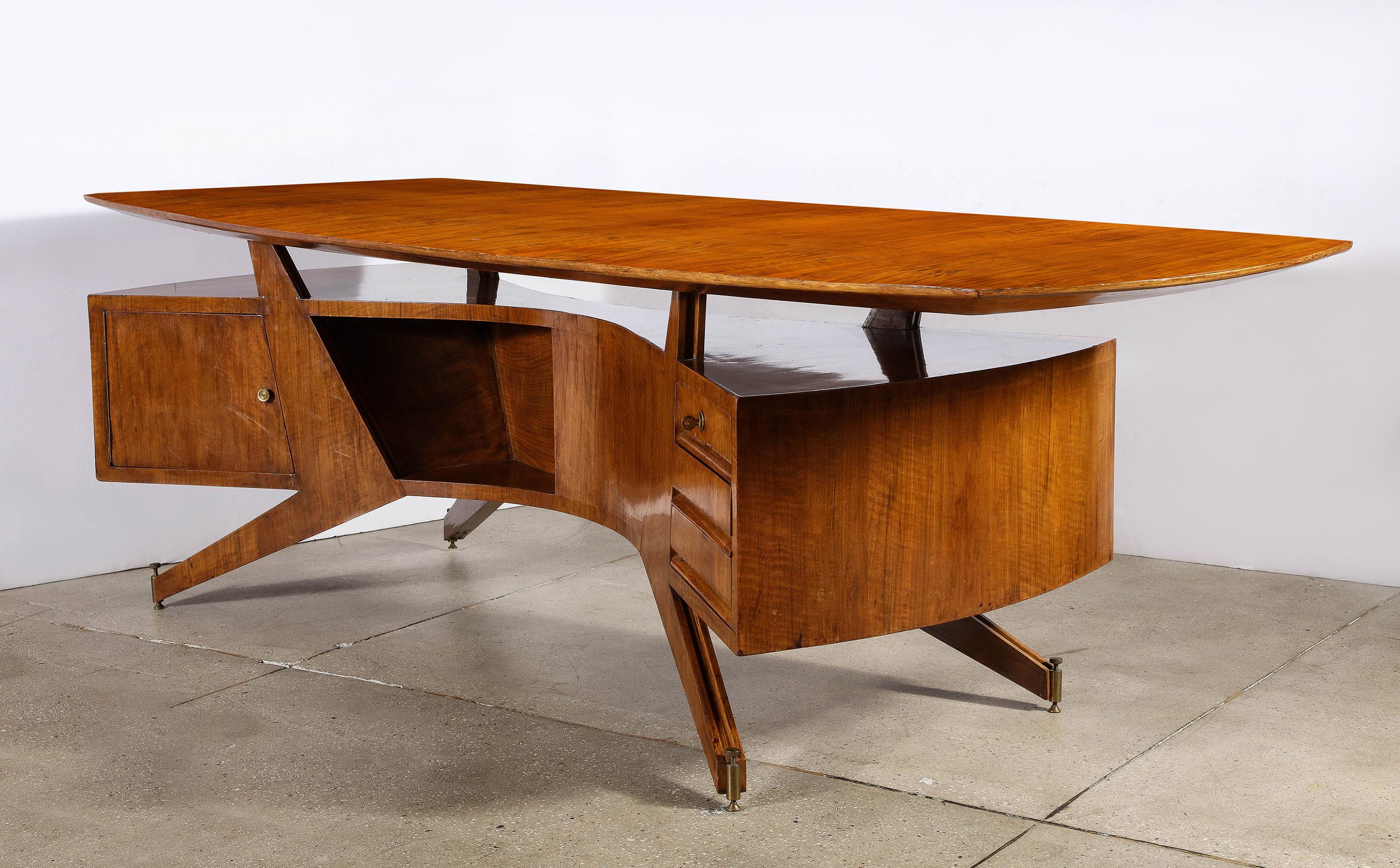 Brass Italian Walnut Executive Desk in the Style of Gio Ponti For Sale