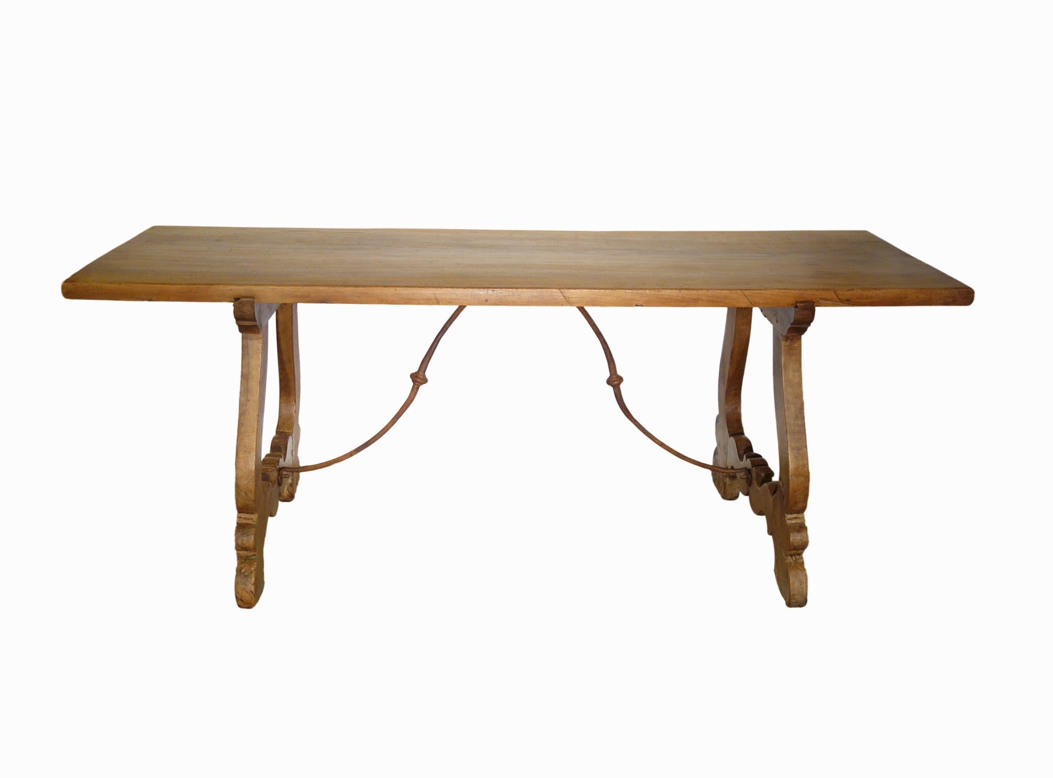 Rustic Italian Walnut Farmhouse Table style with Forged Iron in reproduction sizes For Sale