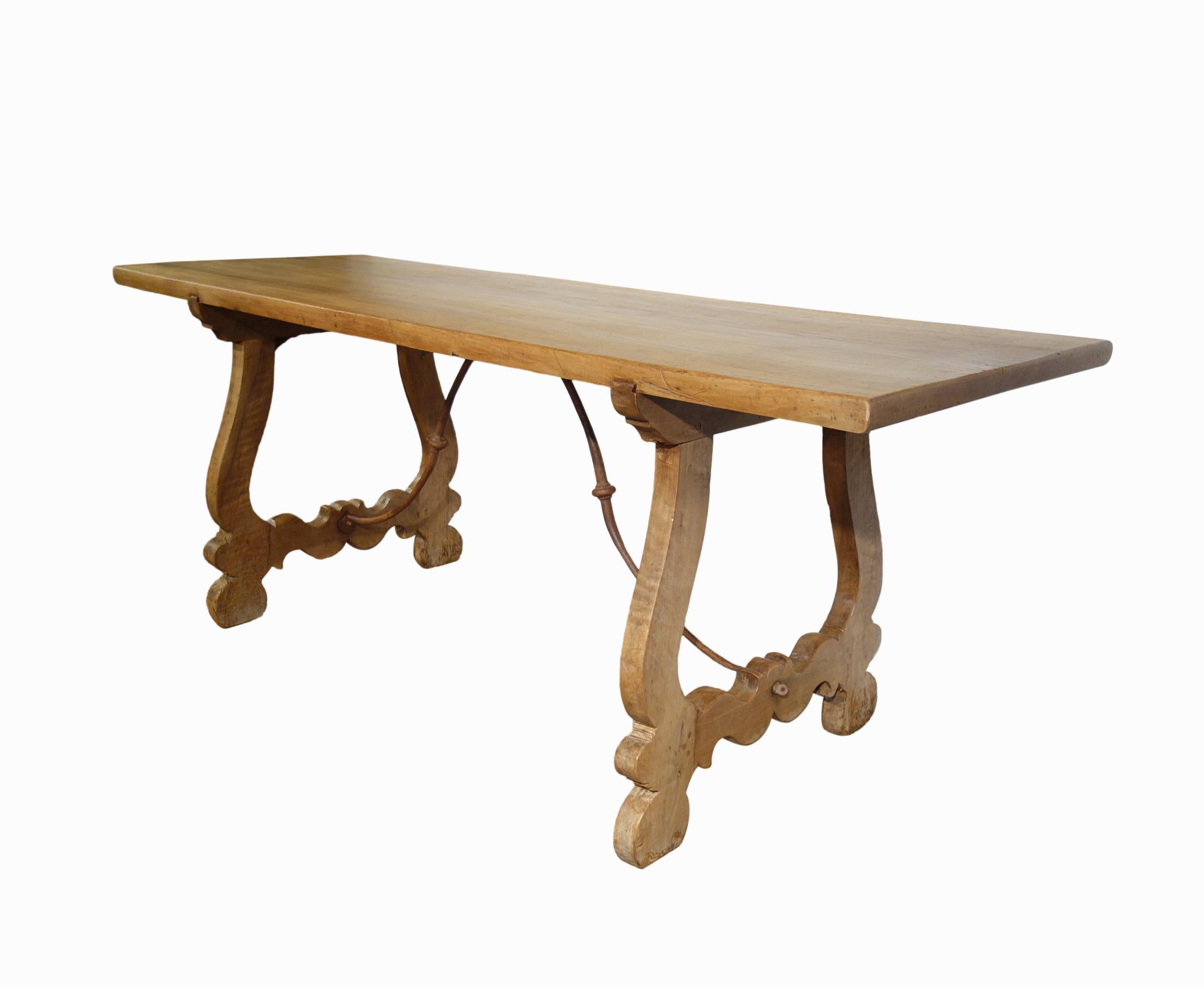 Hand-Crafted Italian Walnut Farmhouse Table style with Forged Iron in reproduction sizes For Sale