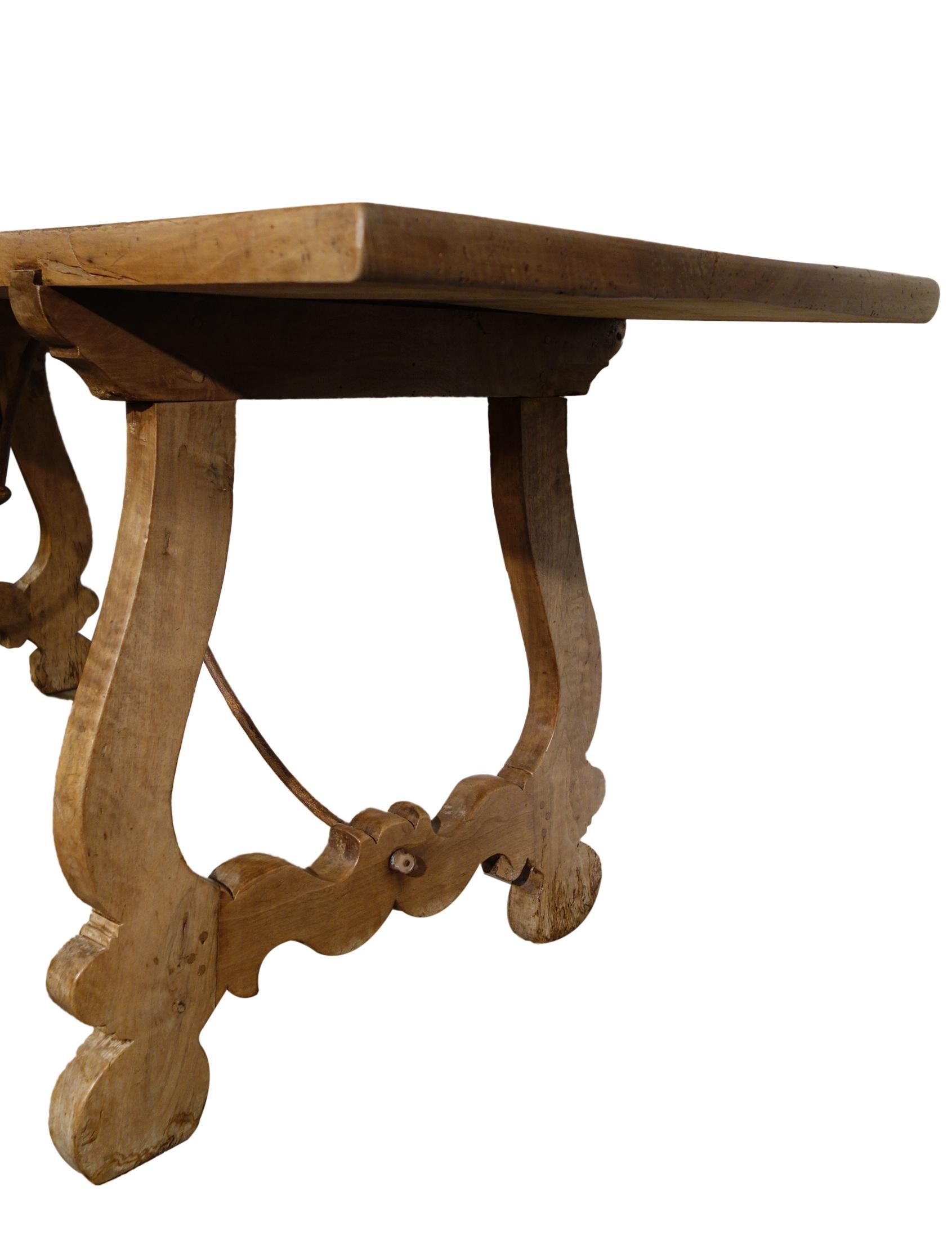 Italian Walnut Farmhouse Table style with Forged Iron in reproduction sizes In Excellent Condition For Sale In Encinitas, CA