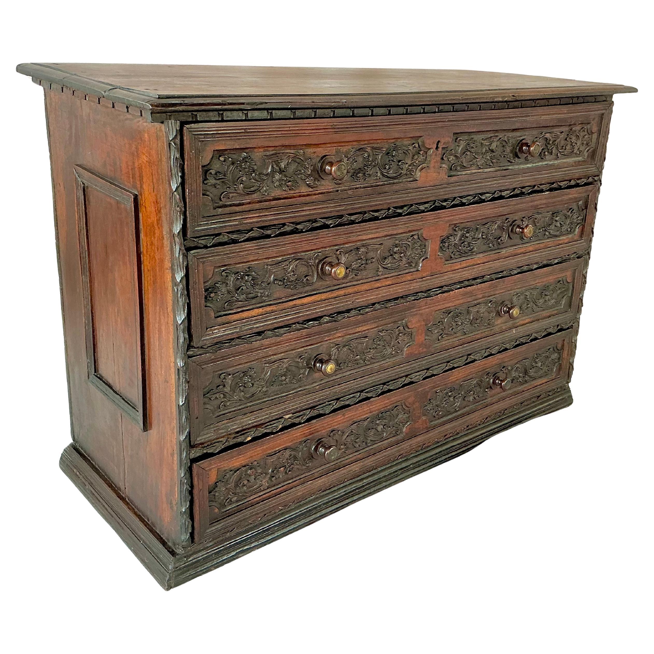 Baroque Italian Walnut Four Drawer Carved Walnut Commode Early 18th Century For Sale