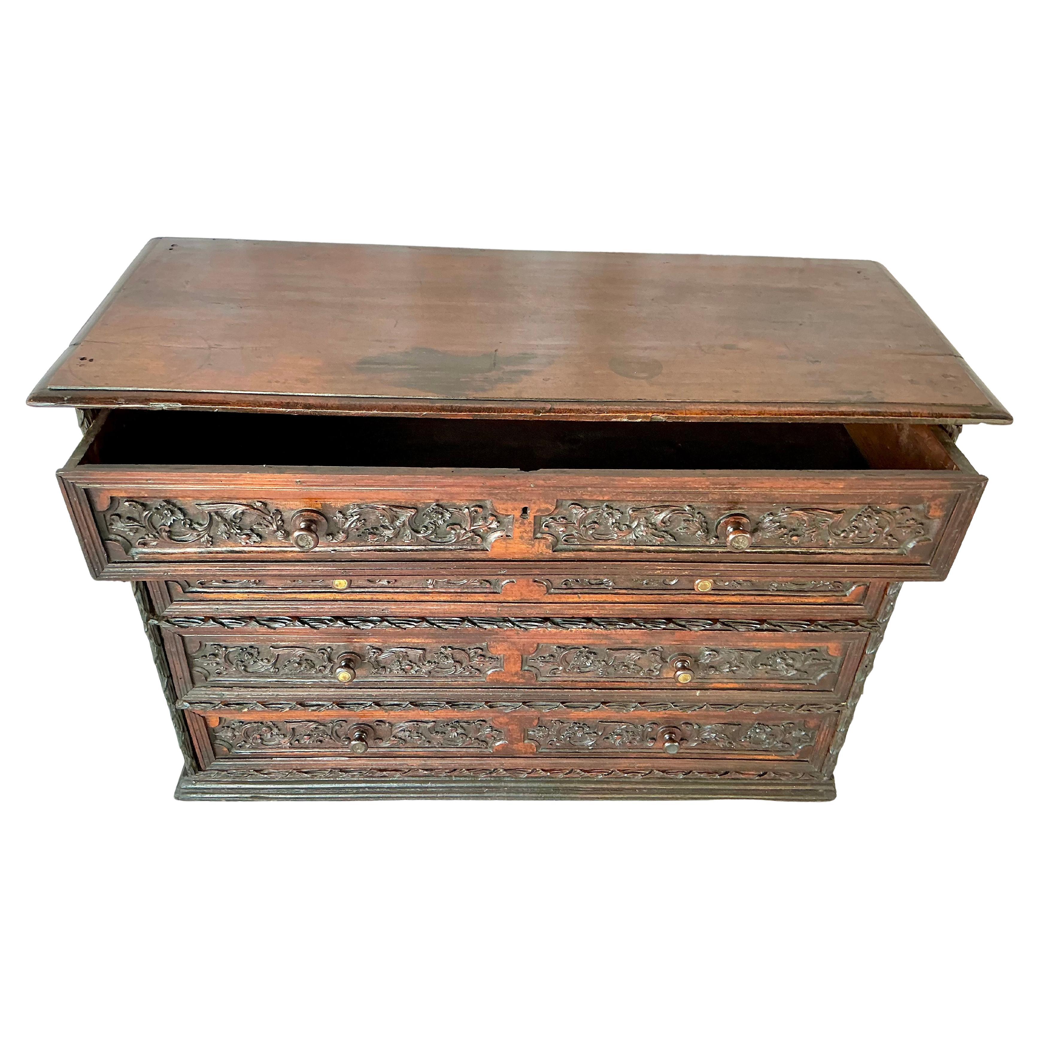 Italian Walnut Four Drawer Carved Walnut Commode Early 18th Century For Sale 2