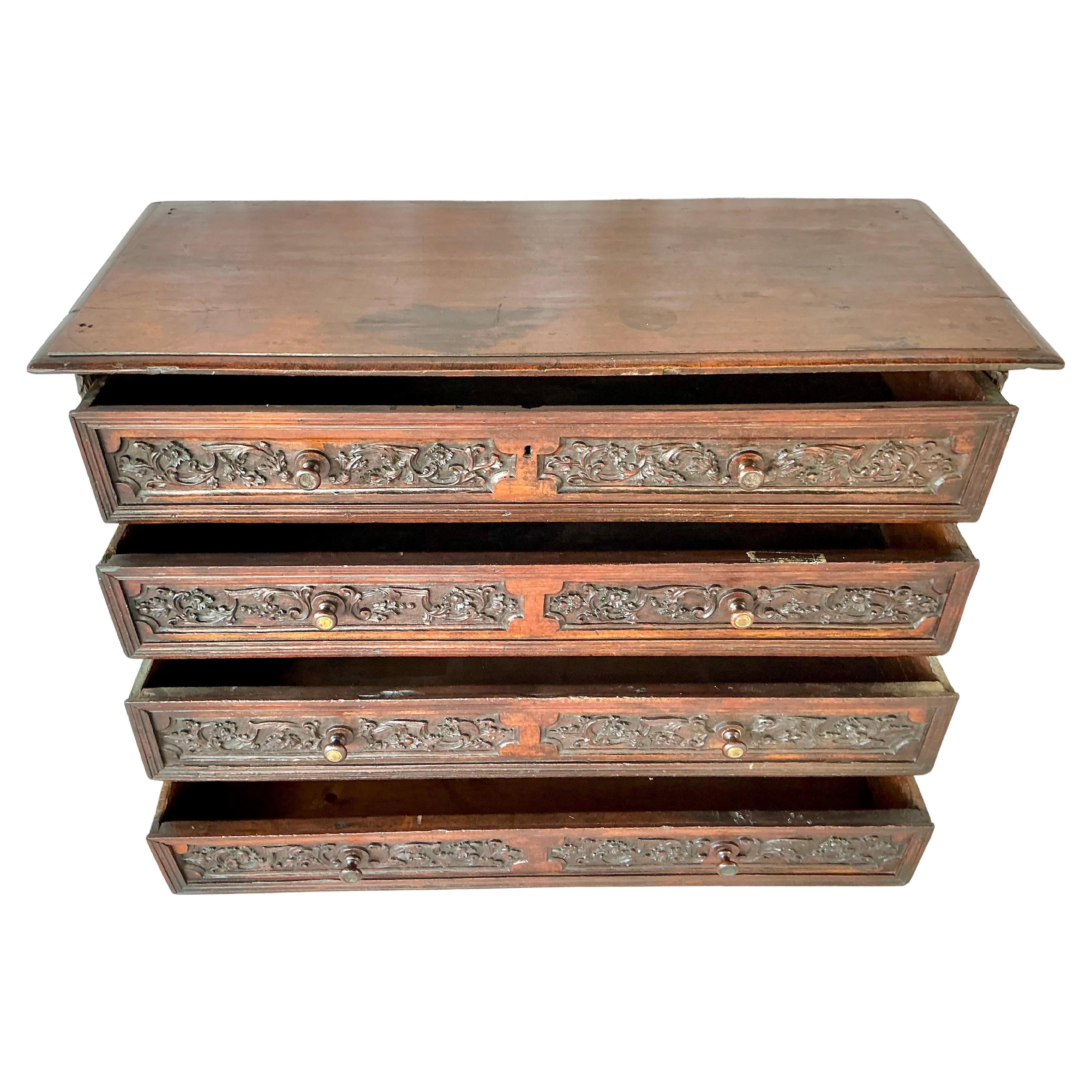 Italian Walnut Four Drawer Carved Walnut Commode Early 18th Century For Sale 3