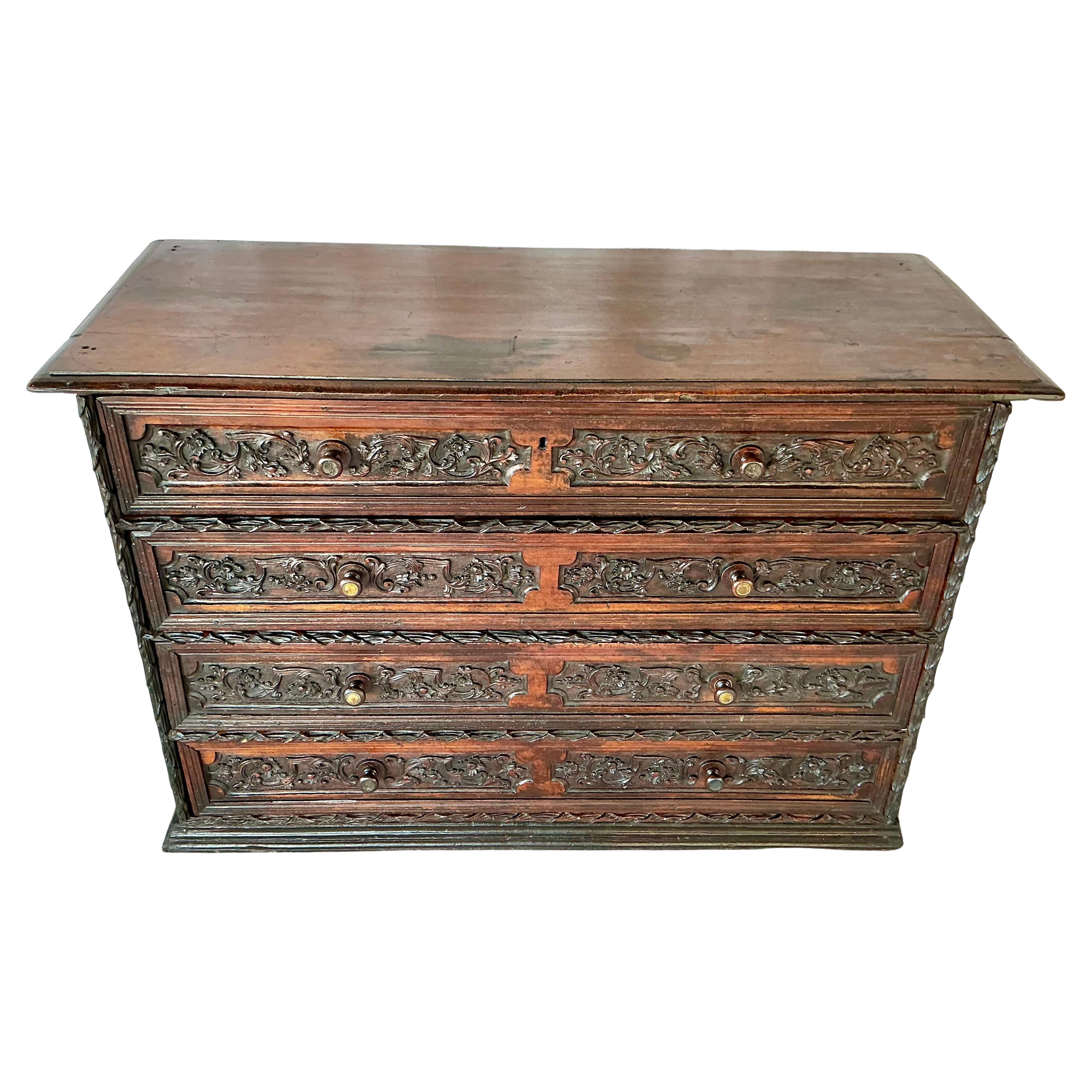 Italian Walnut Four Drawer Carved Walnut Commode Early 18th Century For Sale
