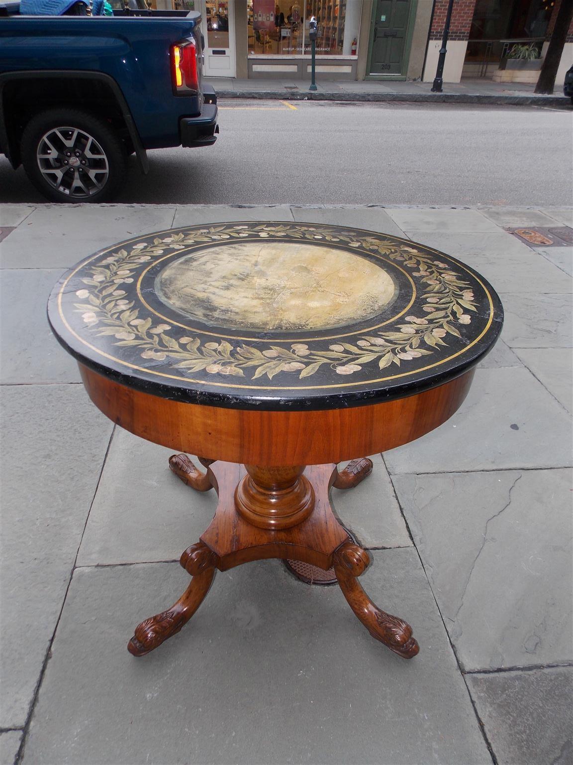 Italian Walnut Hand Painted Faux Marble Center Table with Dolphin Feet, C. 1815 For Sale 3