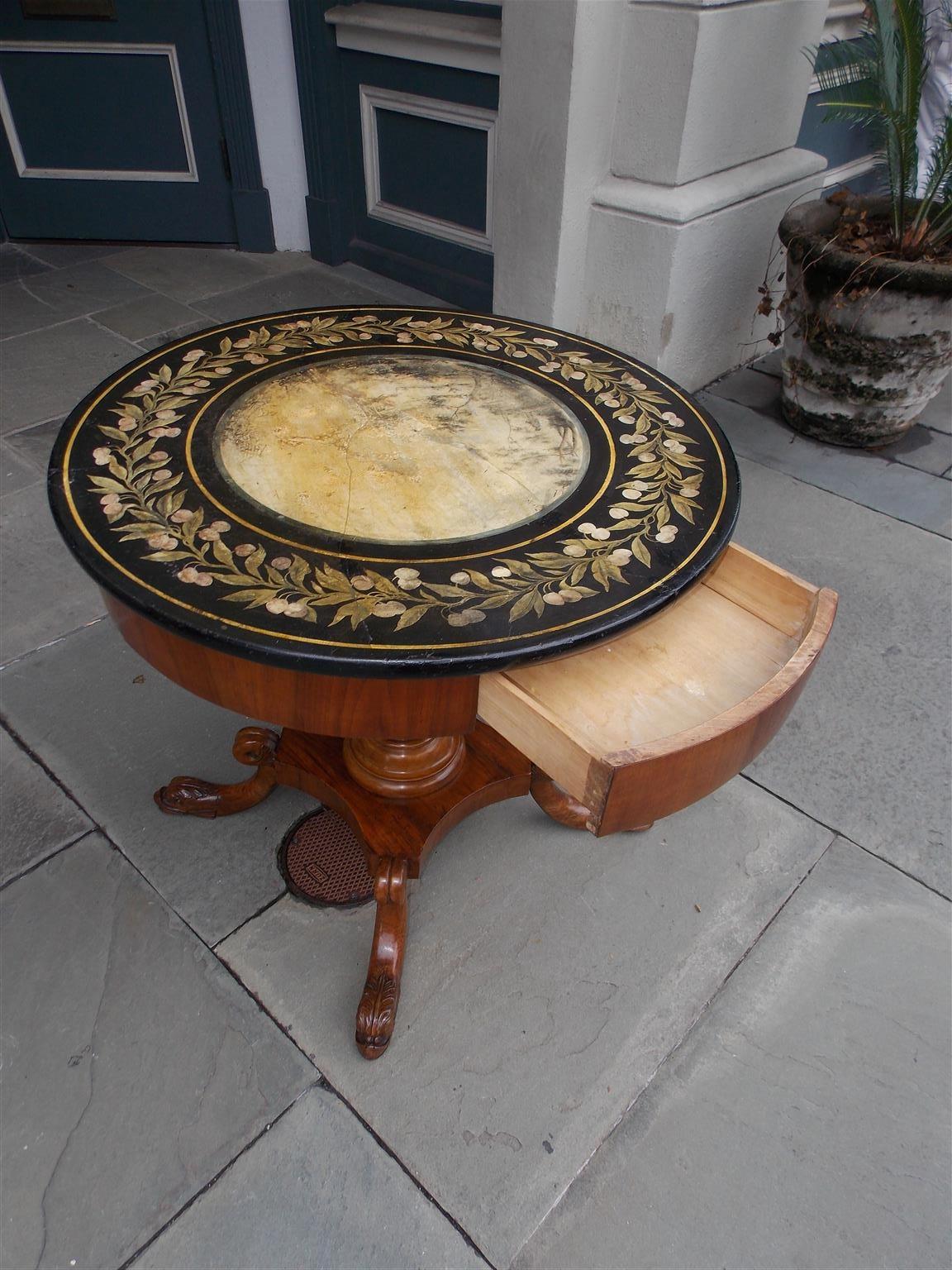 Neoclassical Italian Walnut Hand Painted Faux Marble Center Table with Dolphin Feet, C. 1815 For Sale