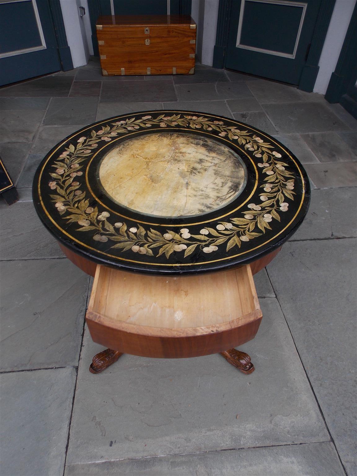 Hand-Crafted Italian Walnut Hand Painted Faux Marble Center Table with Dolphin Feet, C. 1815 For Sale