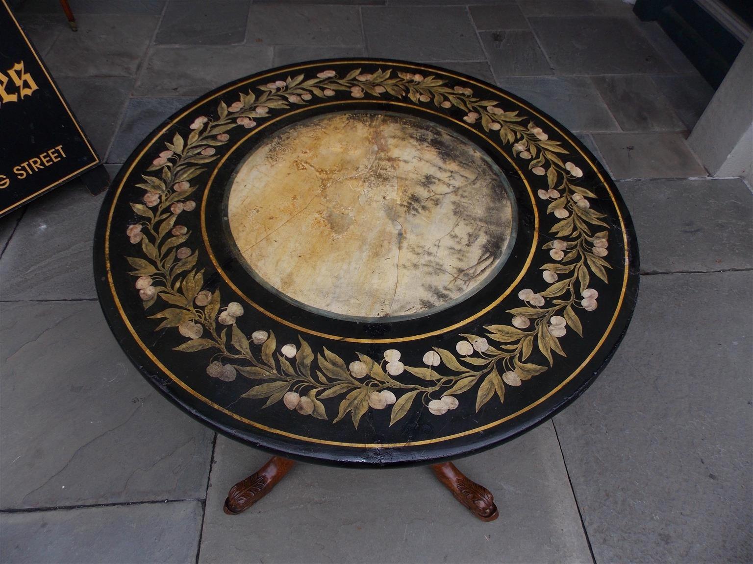 Italian Walnut Hand Painted Faux Marble Center Table with Dolphin Feet, C. 1815 In Excellent Condition For Sale In Hollywood, SC