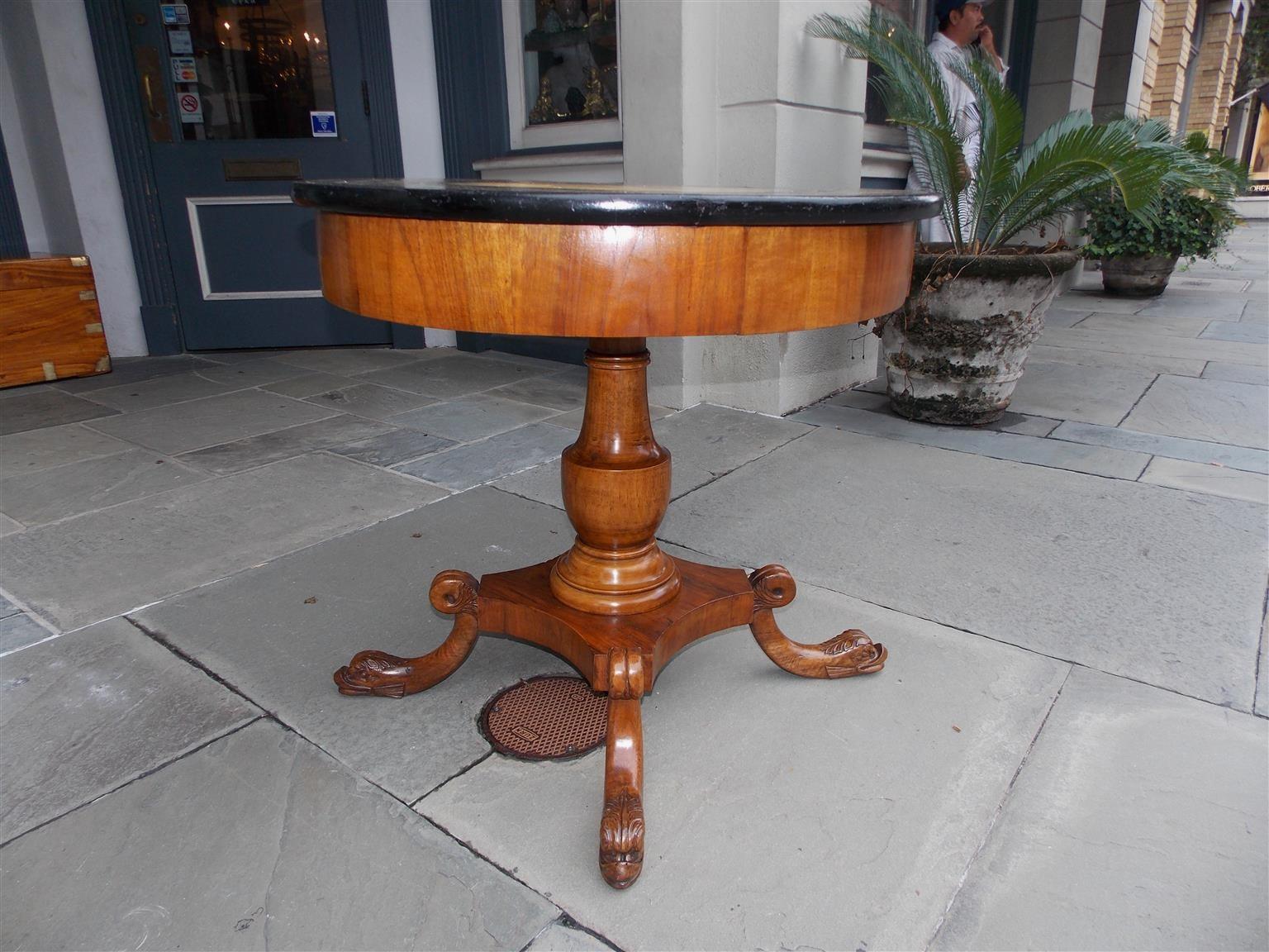 Early 19th Century Italian Walnut Hand Painted Faux Marble Center Table with Dolphin Feet, C. 1815 For Sale